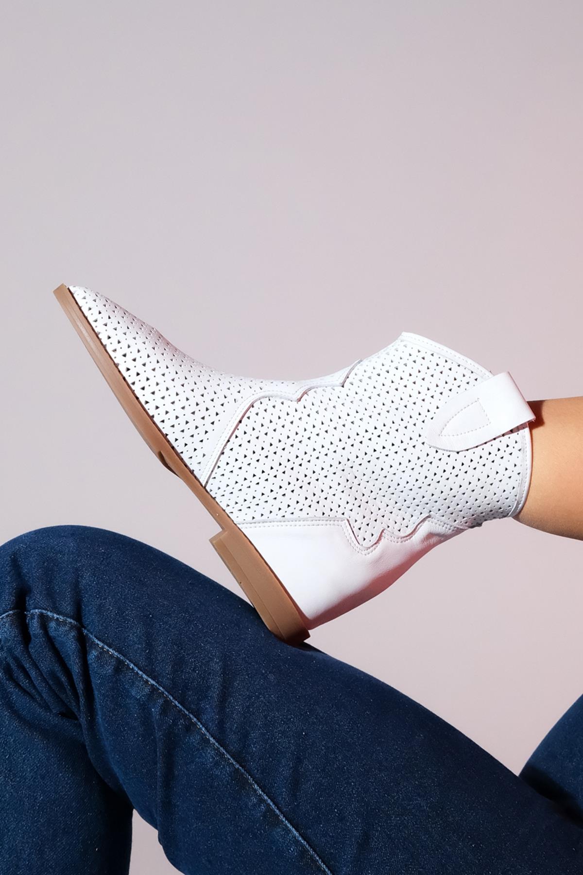 Loivos - White Genuine Leather Perforated Hidden Wedge Summer Ankle Bo – side view showing leather, white, Vowalisse