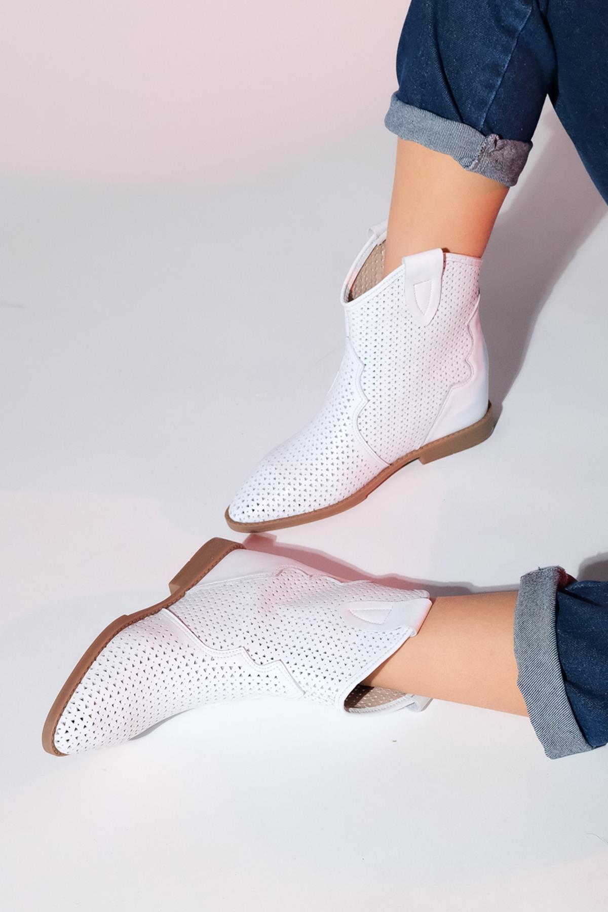 Loivos - White Genuine Leather Perforated Hidden Wedge Summer Ankle Bo – heel view showing leather, white, Vowalisse