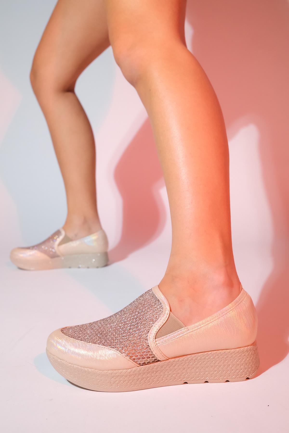 Purcan - Beige Glitter Mesh Chunky Sole Casual Shoe – side view showing leather, glitter, mesh, Vowalisse