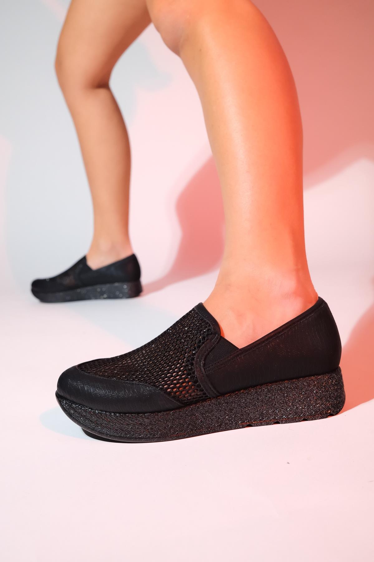 Purcan - Black Glitter Mesh Chunky Sole Casual Shoe – front three-quarter view showing leather, glitter, mesh, Vowalisse