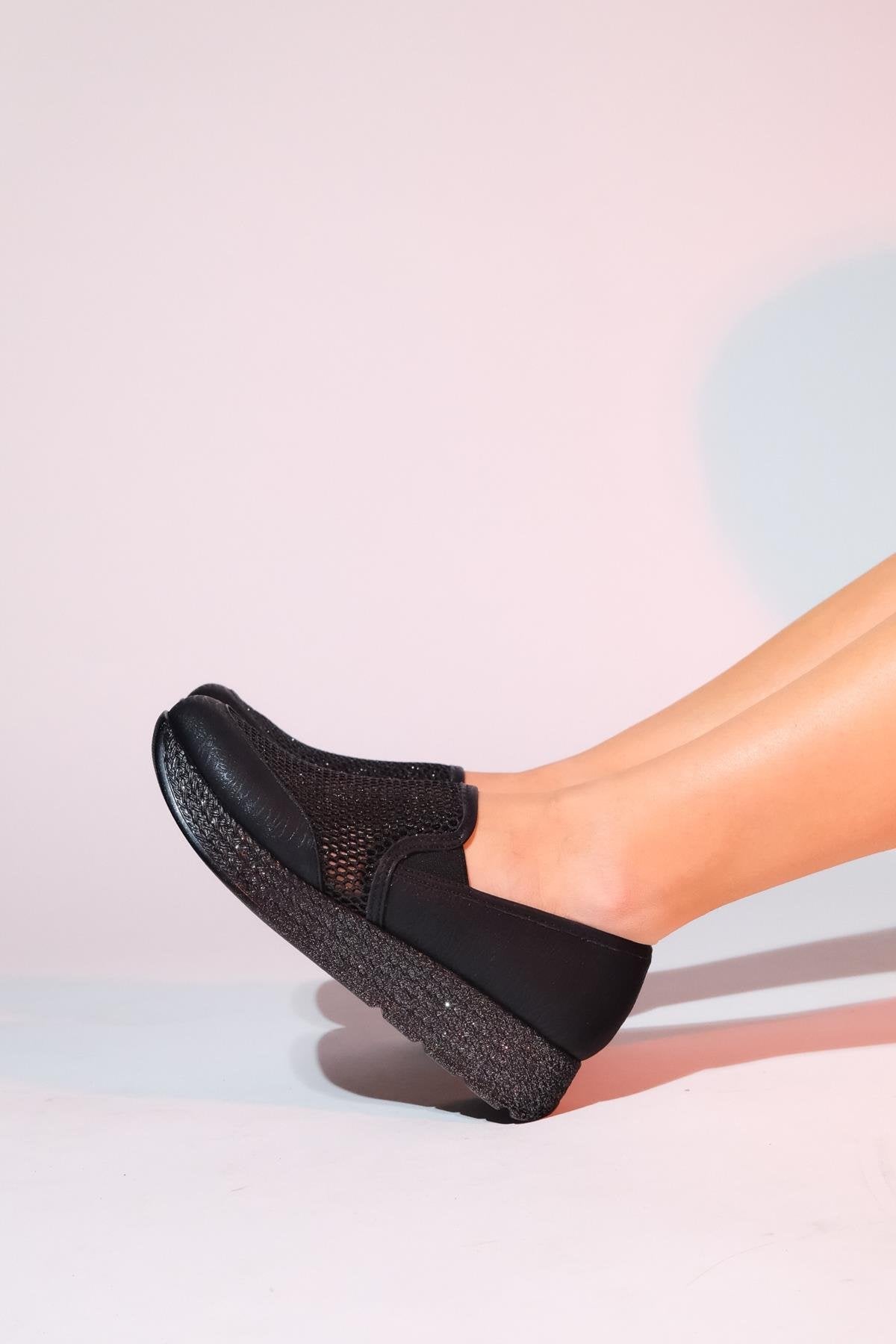 Purcan - Black Glitter Mesh Chunky Sole Casual Shoe – side view showing leather, glitter, mesh, Vowalisse