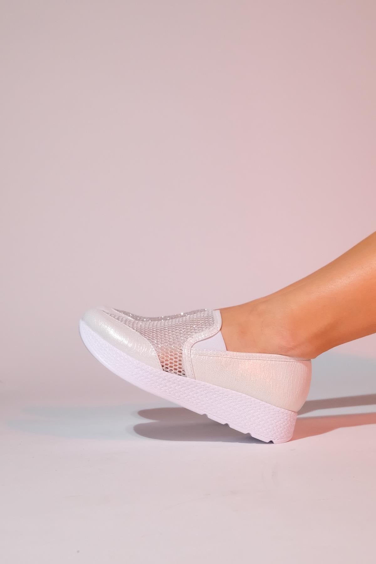 Purcan - Pearl Glitter Mesh Chunky Sole Casual Shoe – side view showing pearl, leather, glitter, Vowalisse