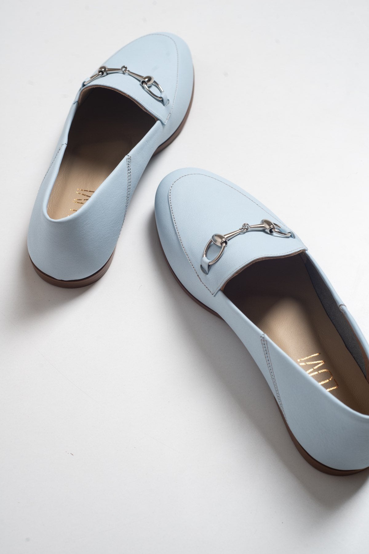 Penny - Baby Blue Leather Horsebit Loafers – heel view showing leather, suede, blue, Vowalisse