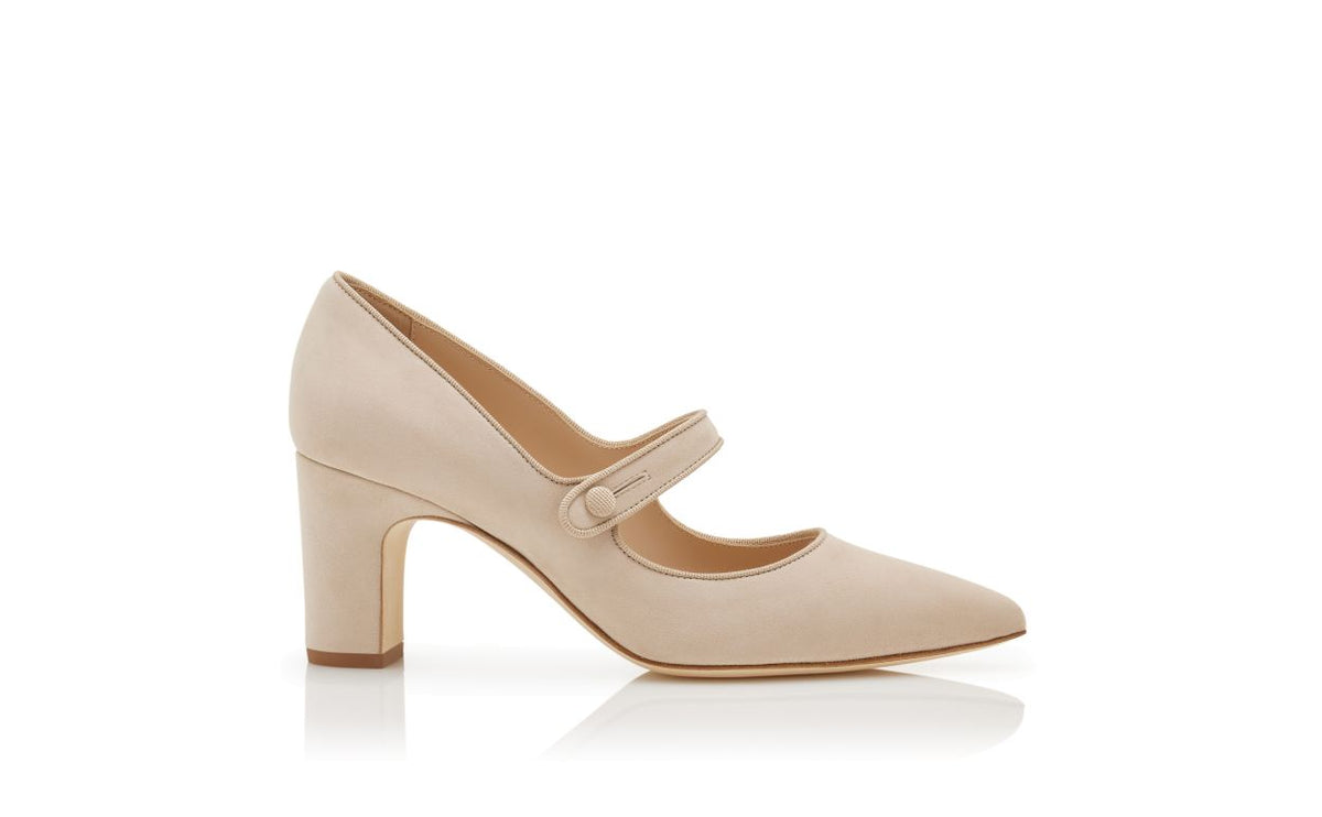 Camellia Shine Neutral Pointed Toe Mary Jane Shoes – side profile showing neutral pointed toe, suede, Vowalisse