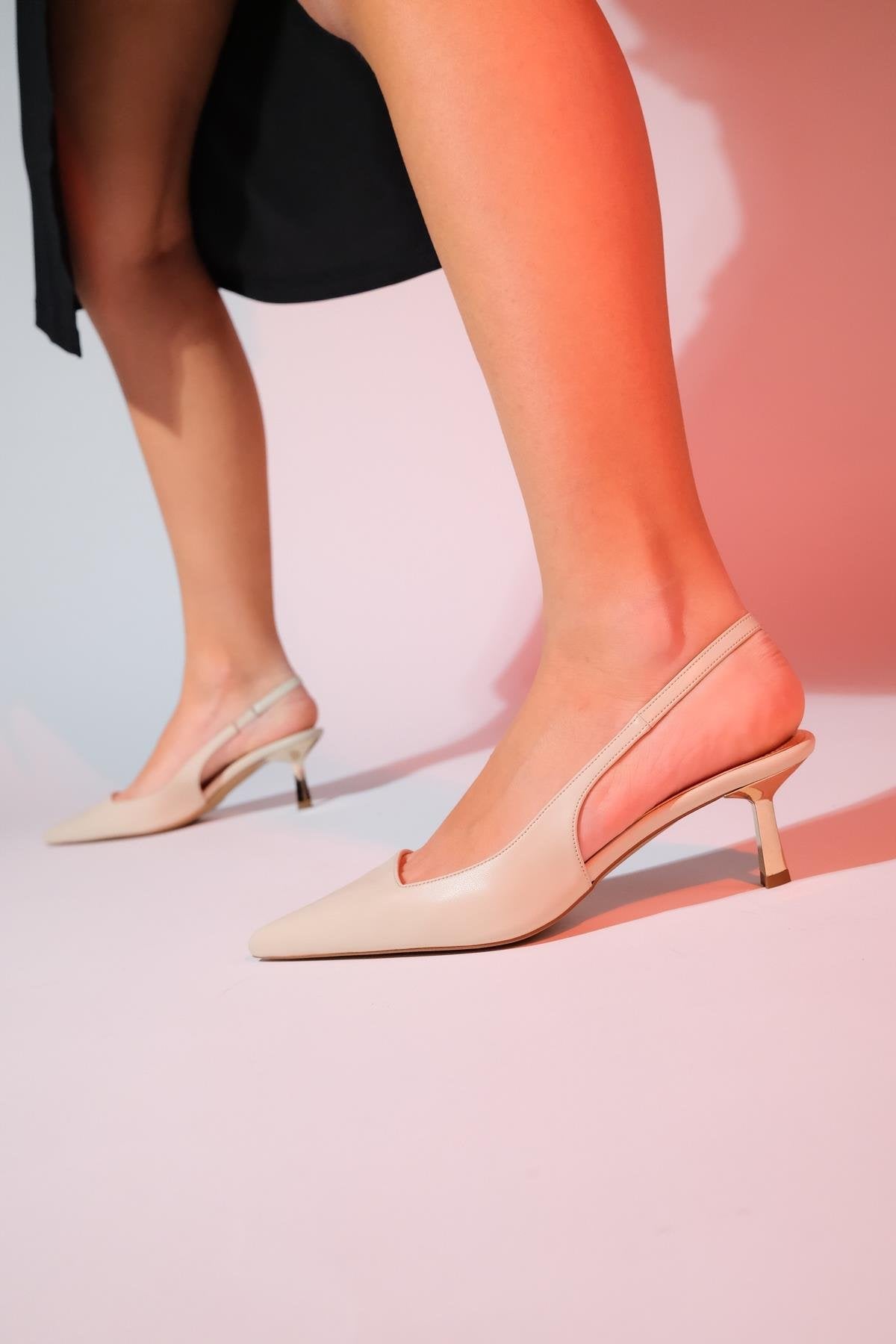 Marten - Ecru Pointed Toe Backless Stiletto Pump – back view showing leather, Vowalisse