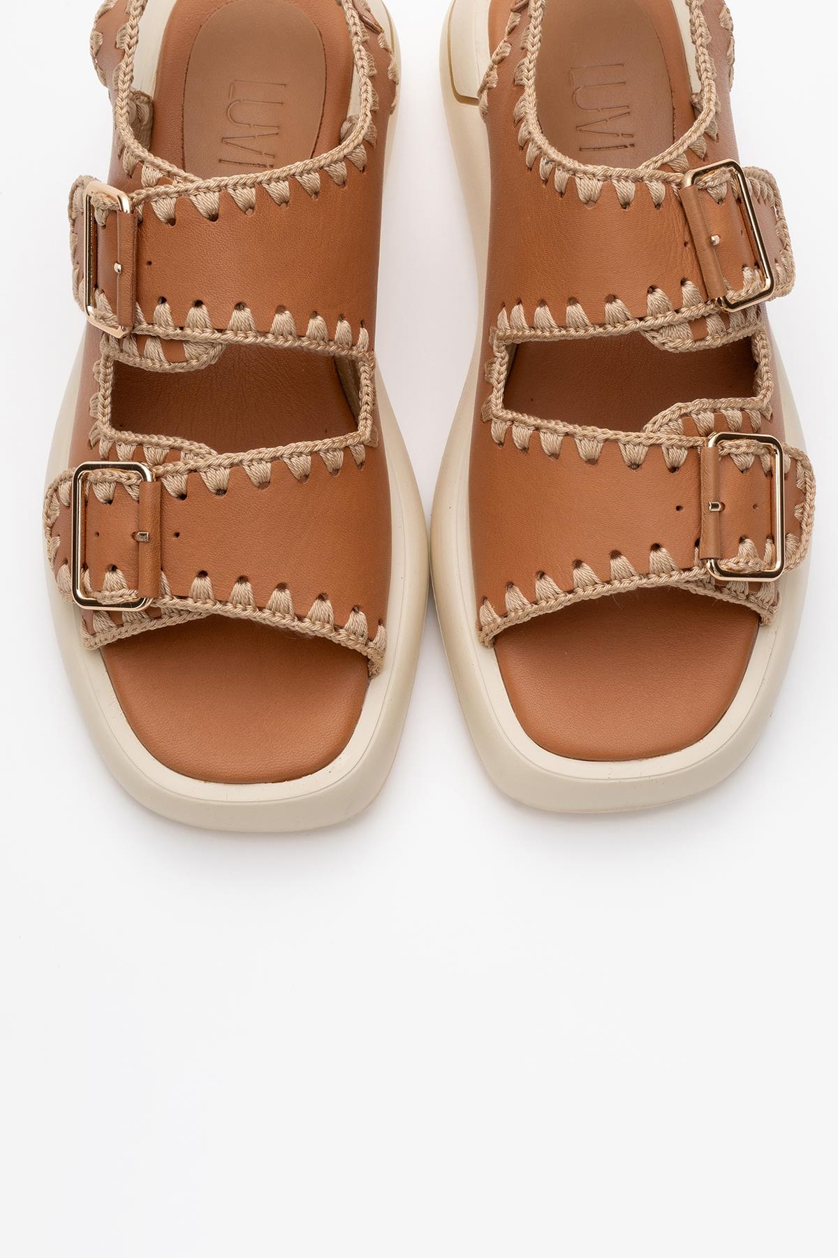 Douro - Cognac Brown Braided Rope Strap Leather Sandal – side view showing leather, Vowalisse
