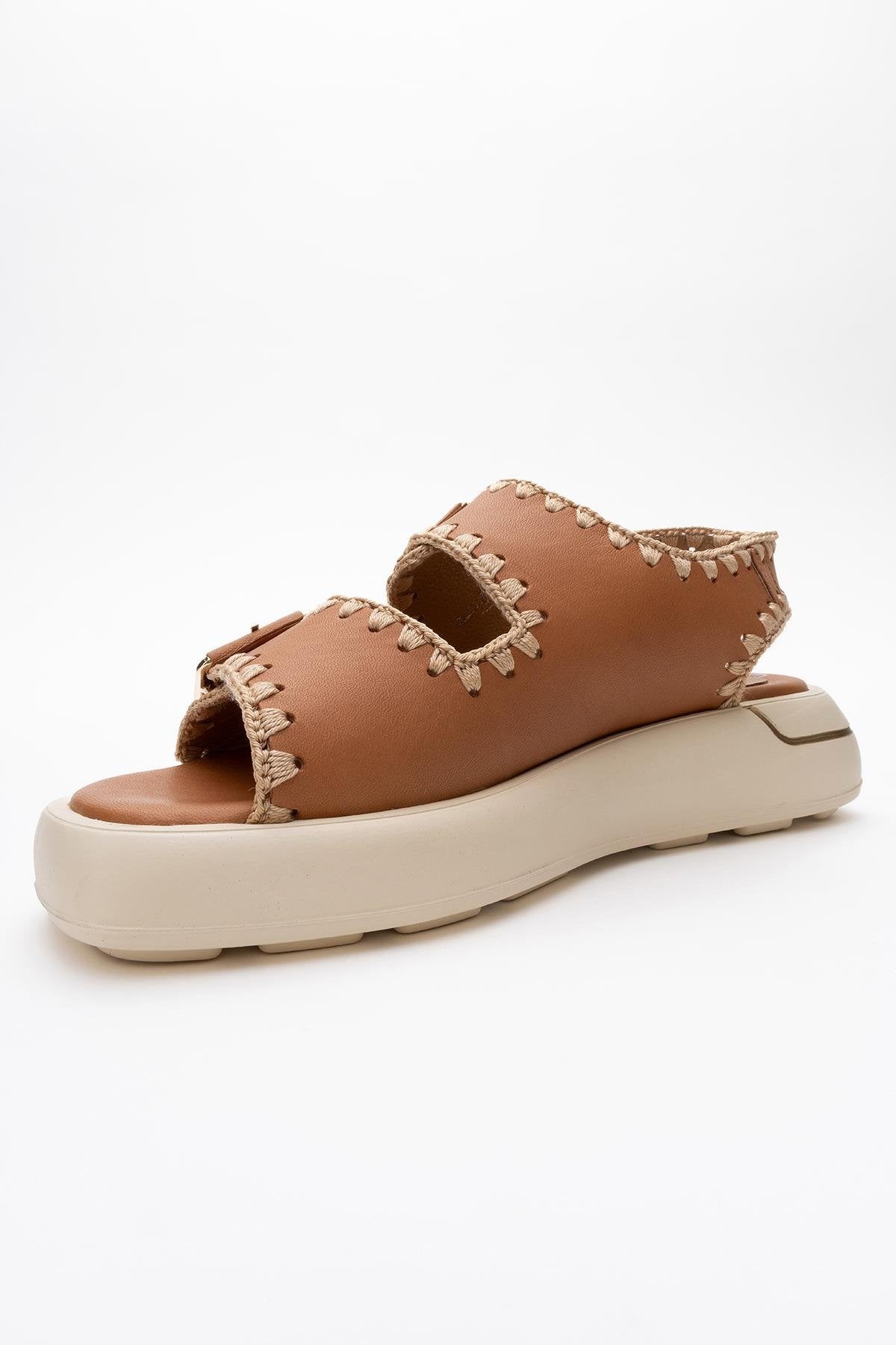 Douro - Cognac Brown Braided Rope Strap Leather Sandal – heel view showing leather, Vowalisse
