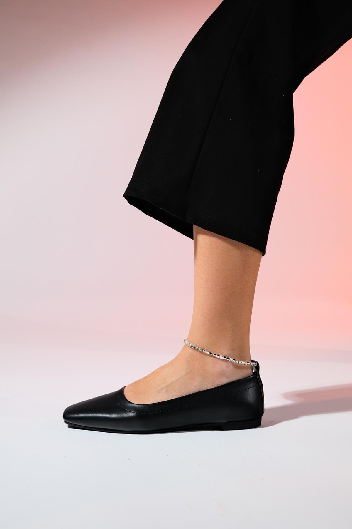 Pohan - Black Genuine Leather Stone-Embellished Ballet Flat – back view showing leather, black, Vowalisse