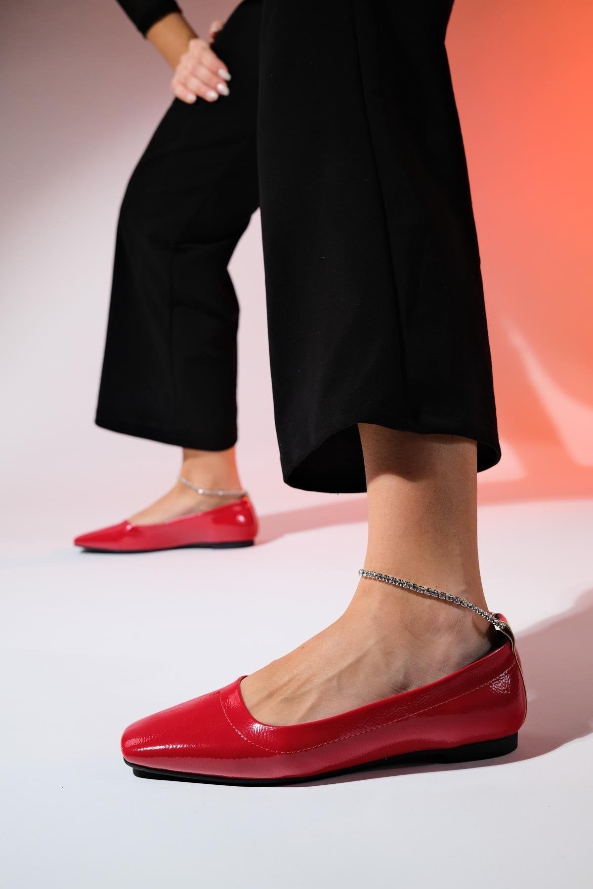 Pohan - Red Genuine Leather Patent Stone-Embellished Ballet Flat – heel view showing leather, red, Vowalisse