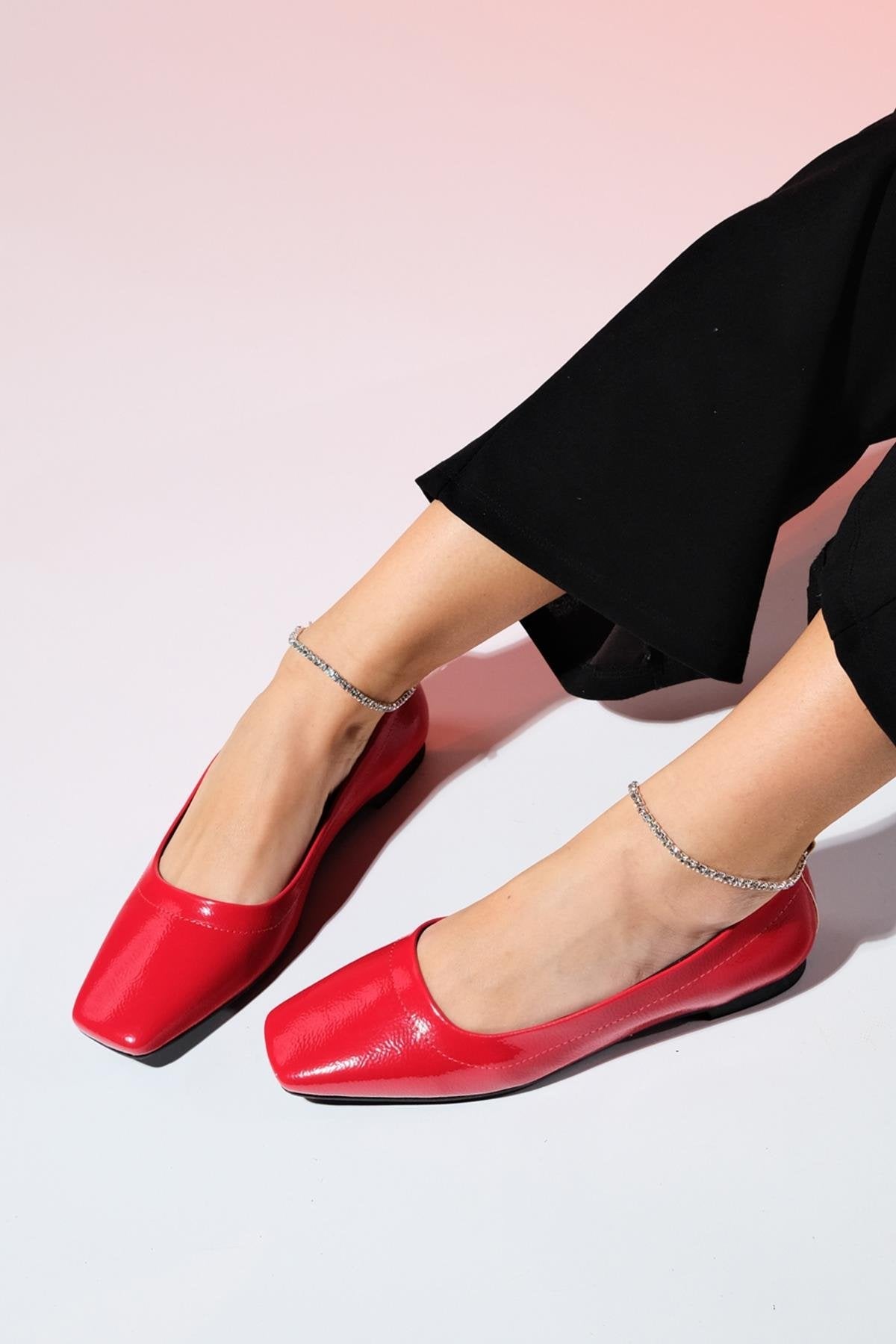 Pohan - Red Genuine Leather Patent Stone-Embellished Ballet Flat – back view showing leather, red, Vowalisse