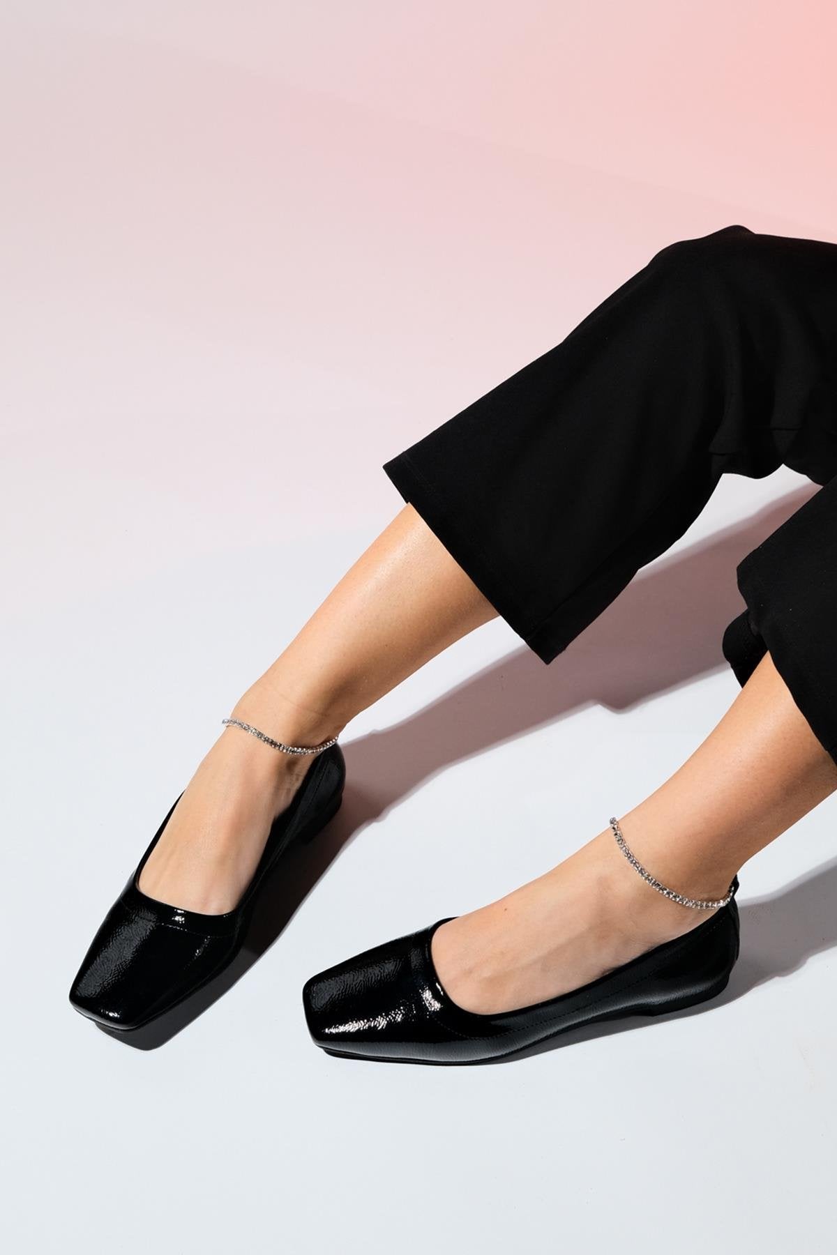 Pohan - Black Genuine Leather Patent Stone-Embellished Ballet Flat – detail view showing leather, black, Vowalisse
