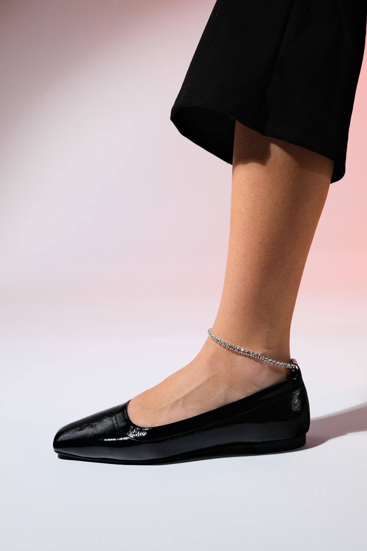 Pohan - Black Genuine Leather Patent Stone-Embellished Ballet Flat – heel view showing leather, black, Vowalisse