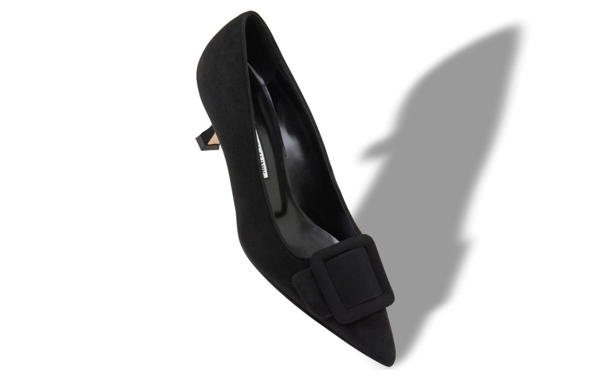 Vivienne Bloom Black Pointed Toe Pumps – front three-quarter view showing black pointed toe, suede, Vowalisse