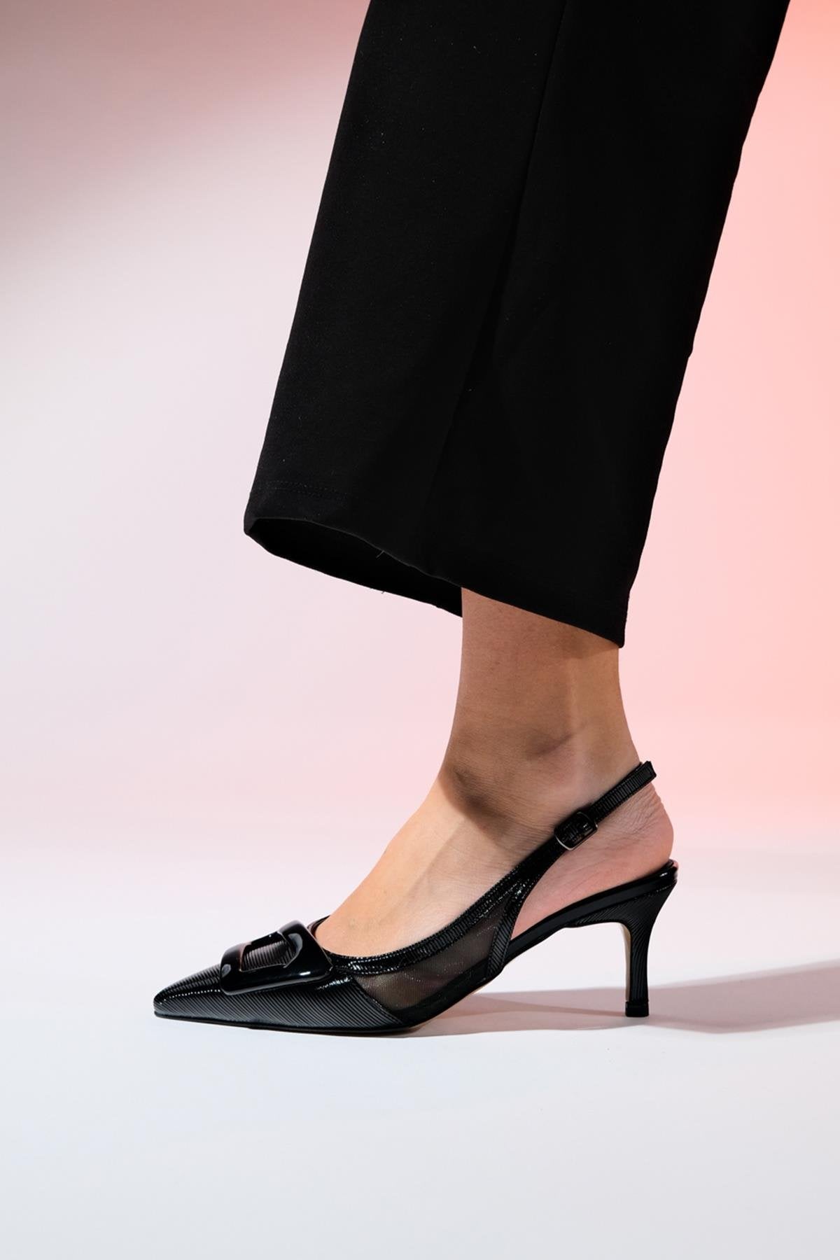 Foley - Black Patent Striped Pointed Toe Backless Stiletto Pump – side view showing leather, black, Vowalisse