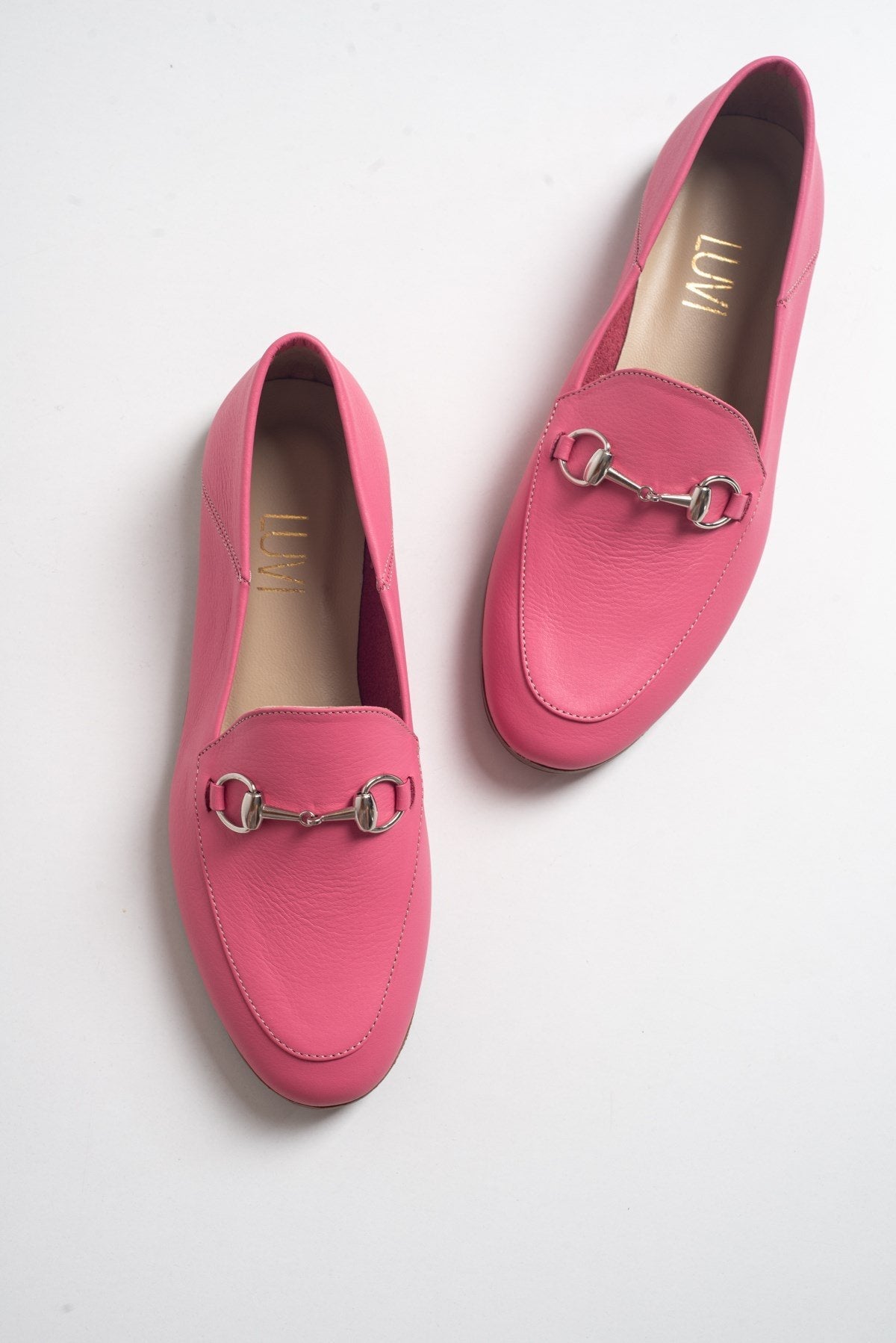 Penny - Pink Leather Horsebit Loafers – front three-quarter view showing leather, suede, pink, Vowalisse