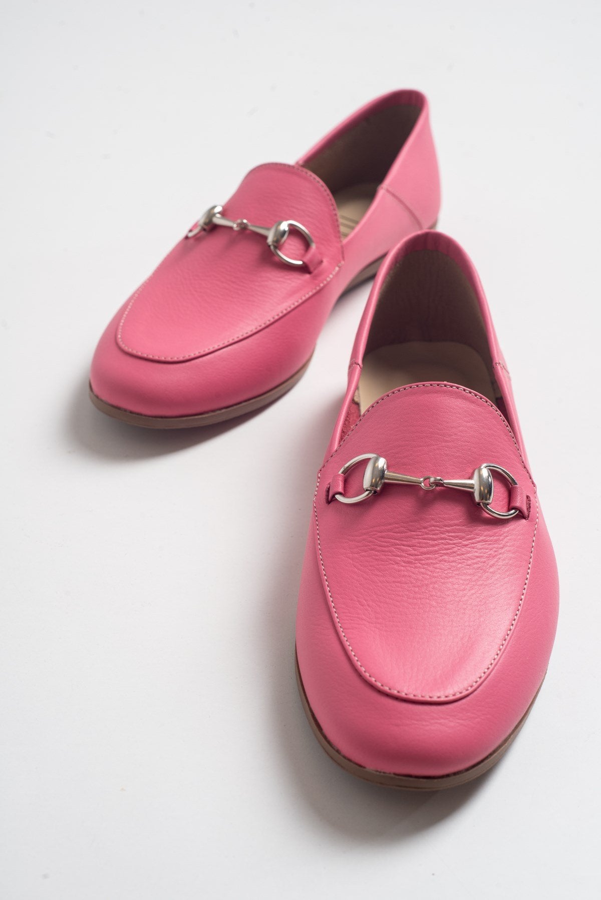 Penny - Pink Leather Horsebit Loafers – heel view showing leather, suede, pink, Vowalisse