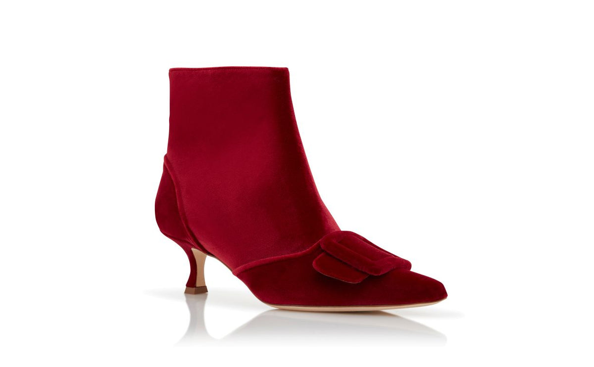 Estelle Jewel Red Pointed Toe Ankle Boots – top view showing red pointed toe, velvet, Vowalisse