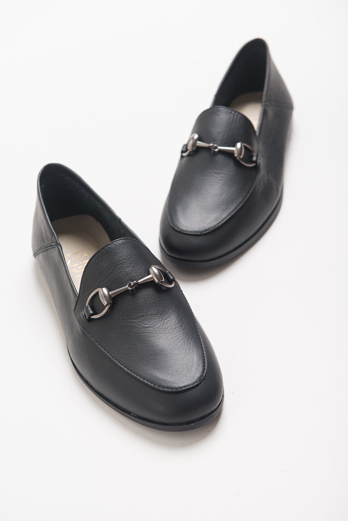 Penny - Black Leather Horsebit Loafers – front three-quarter view showing leather, suede, black, Vowalisse