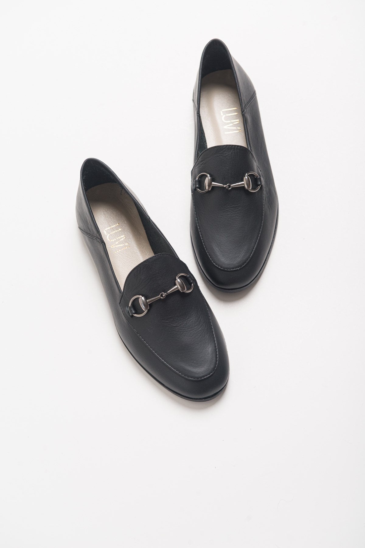 Penny - Black Leather Horsebit Loafers – heel view showing leather, suede, black, Vowalisse