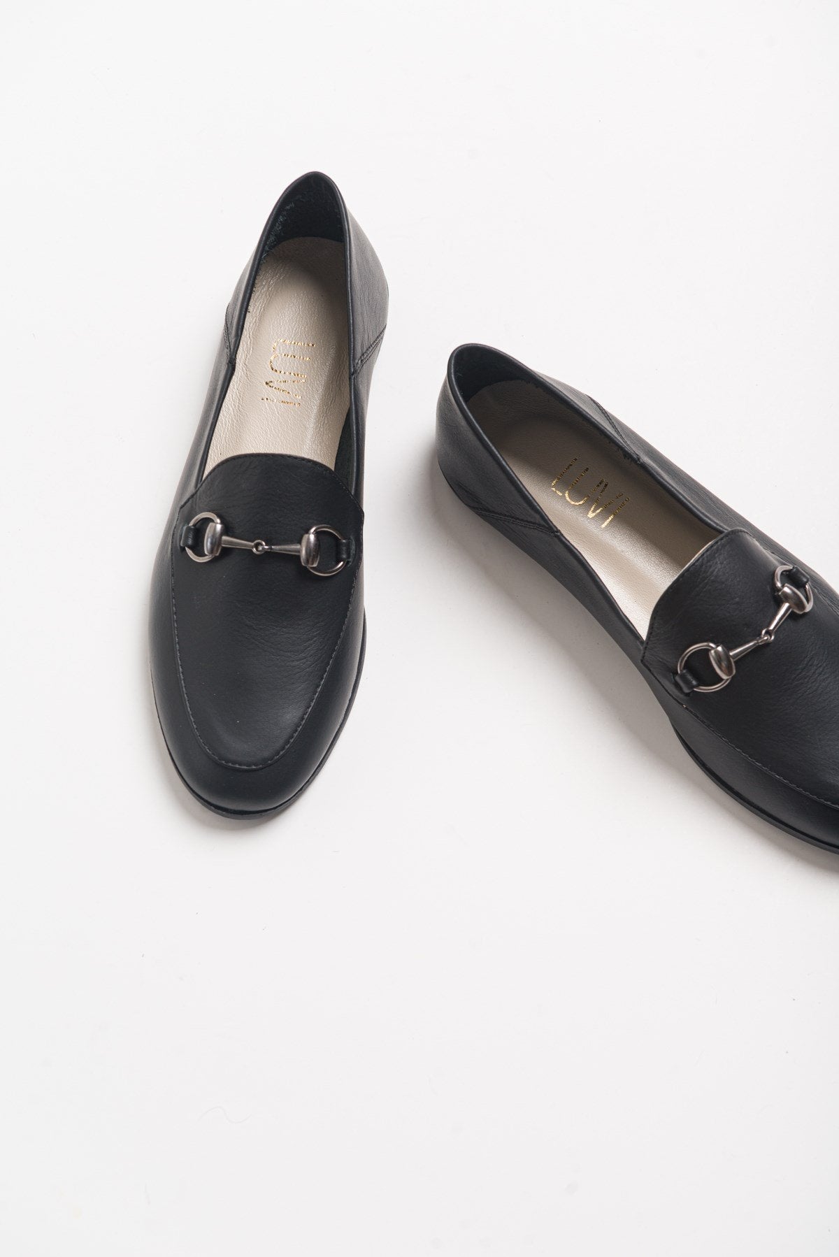 Penny - Black Leather Horsebit Loafers – top view showing leather, suede, black, Vowalisse