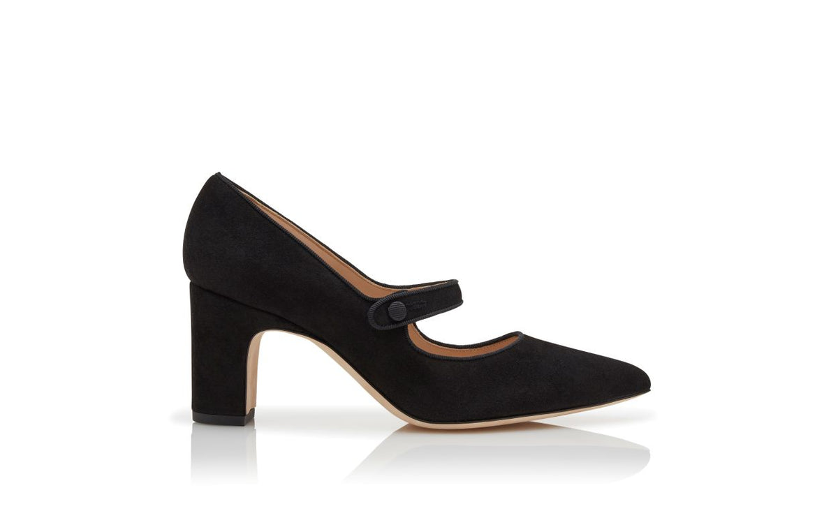Elara Élan Black Pointed Toe Mary Jane Shoes – side profile showing black pointed toe, suede, Vowalisse