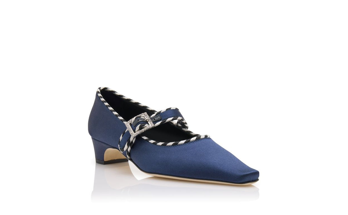 Clarisse Jewel Blue Crystal Embellished Mary Jane Shoes – top view showing blue crystal embellished, almond toe, satin…