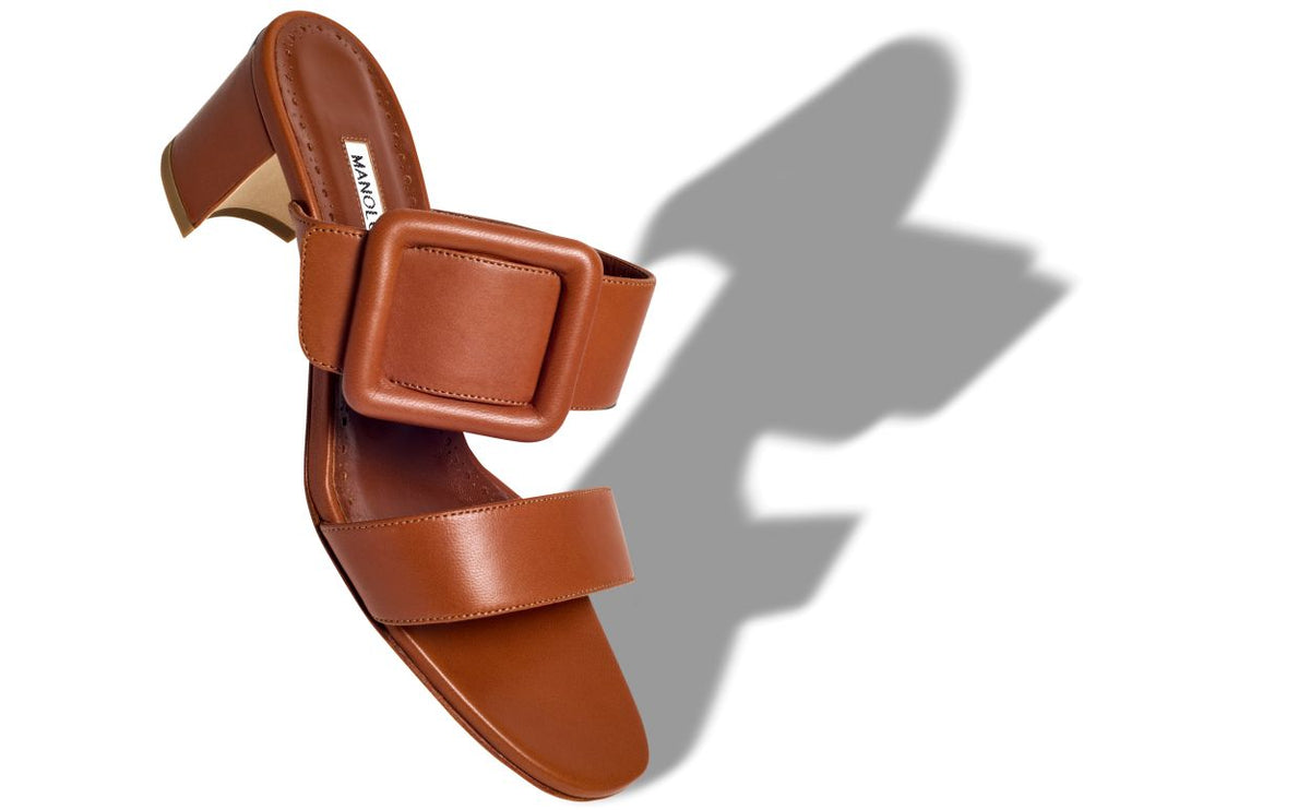 Camellia Halo Brown Open Toe Mules – front three-quarter view showing brown open toe, nappa leather, Vowalisse