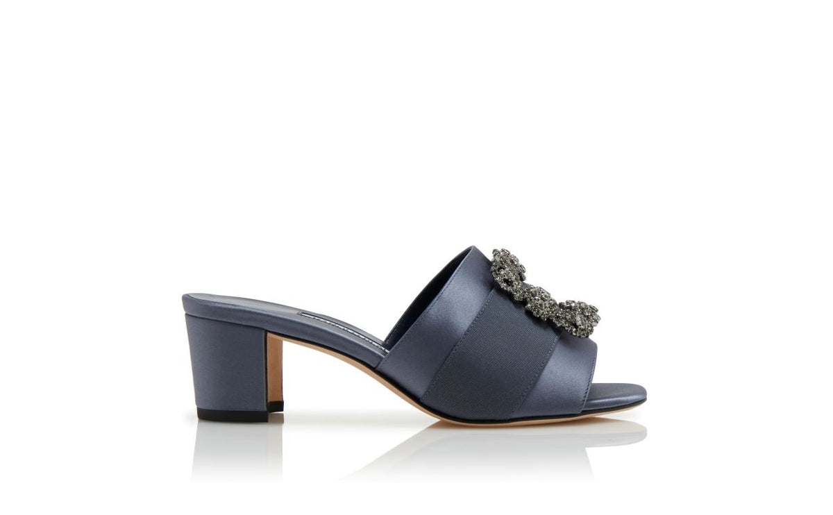 Isadora Flame Blue Jewel Buckle Mules – side profile showing blue jewel buckle, crystal buckle, satin, Vowalisse