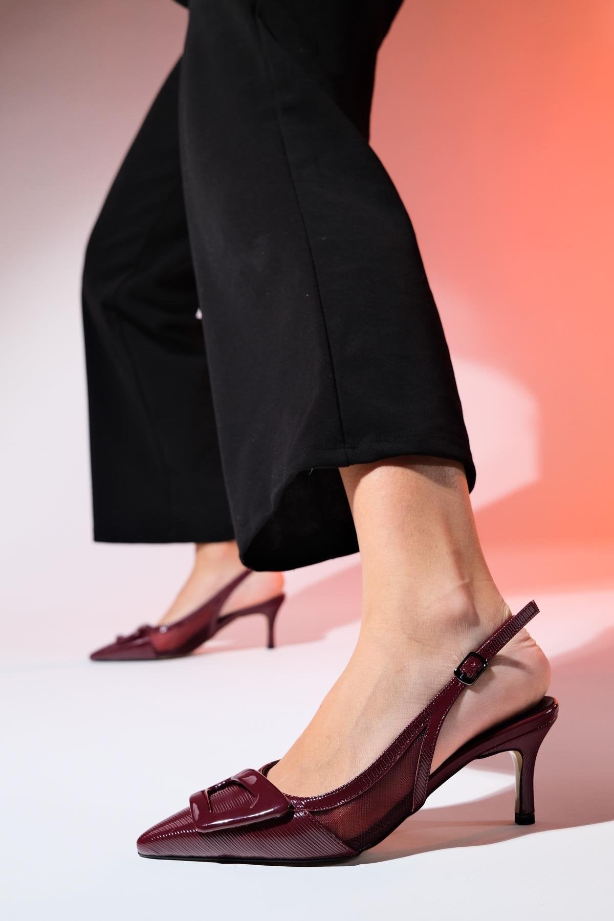 Foley - Burgundy Patent Striped Pointed Toe Backless Stiletto Pump – side view showing leather, Vowalisse