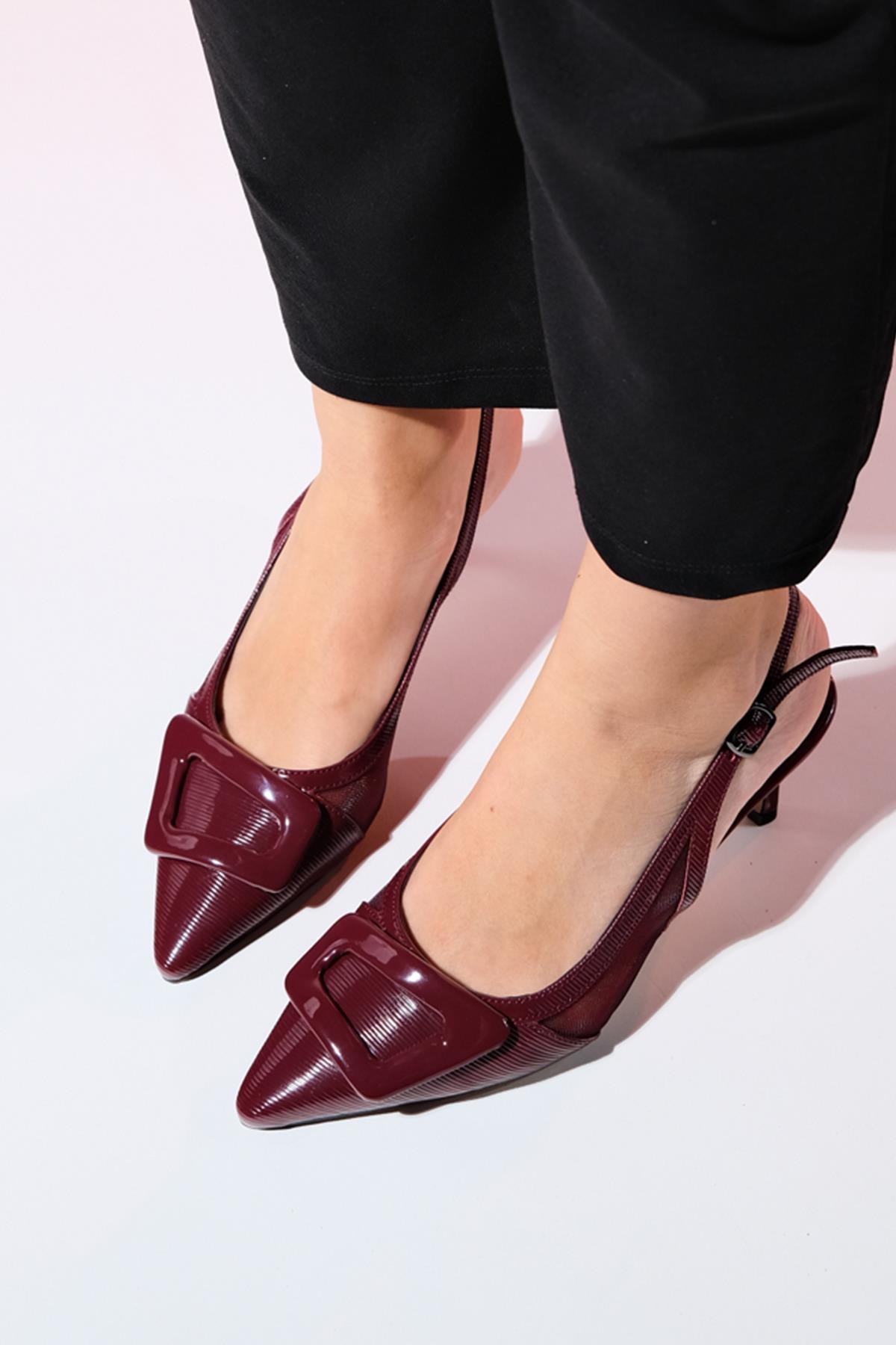 Foley - Burgundy Patent Striped Pointed Toe Backless Stiletto Pump – heel view showing leather, Vowalisse