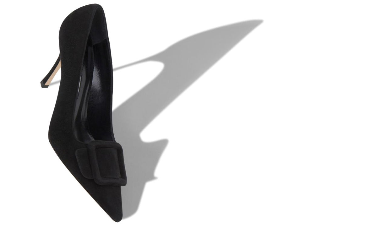 Camellia Dream Black Pointed Toe Pumps – front three-quarter view showing black pointed toe, suede, Vowalisse
