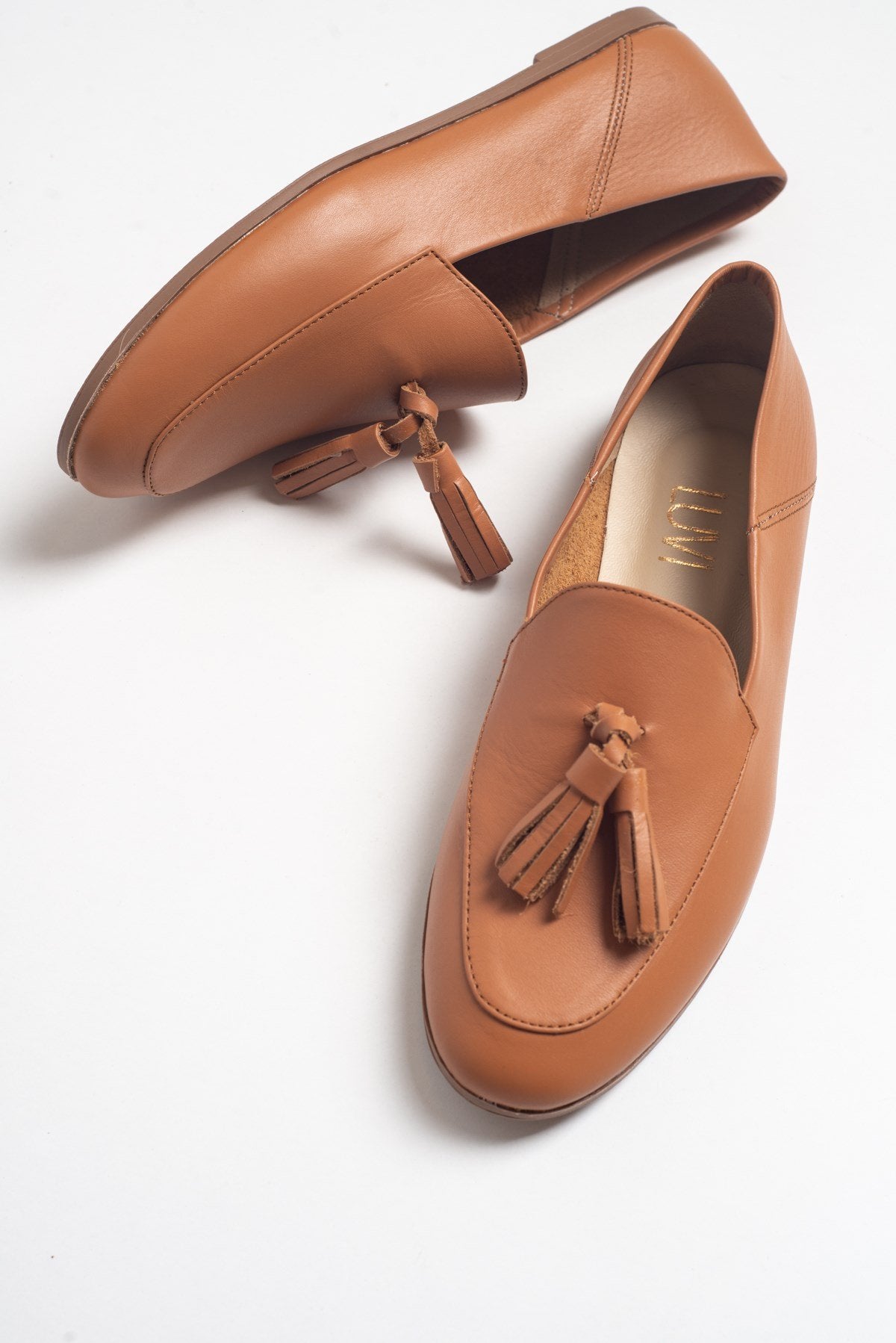 F04 - Cognac Genuine Leather Tassel Loafer – front three-quarter view showing leather, Vowalisse