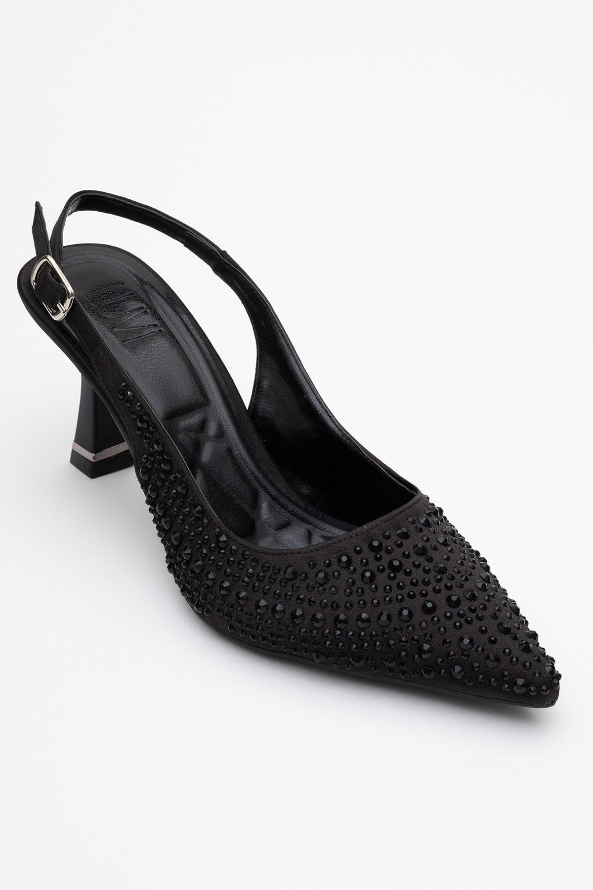 Juan - Black Satin Embellished Evening Shoe – detail view showing satin, leather, black, Vowalisse