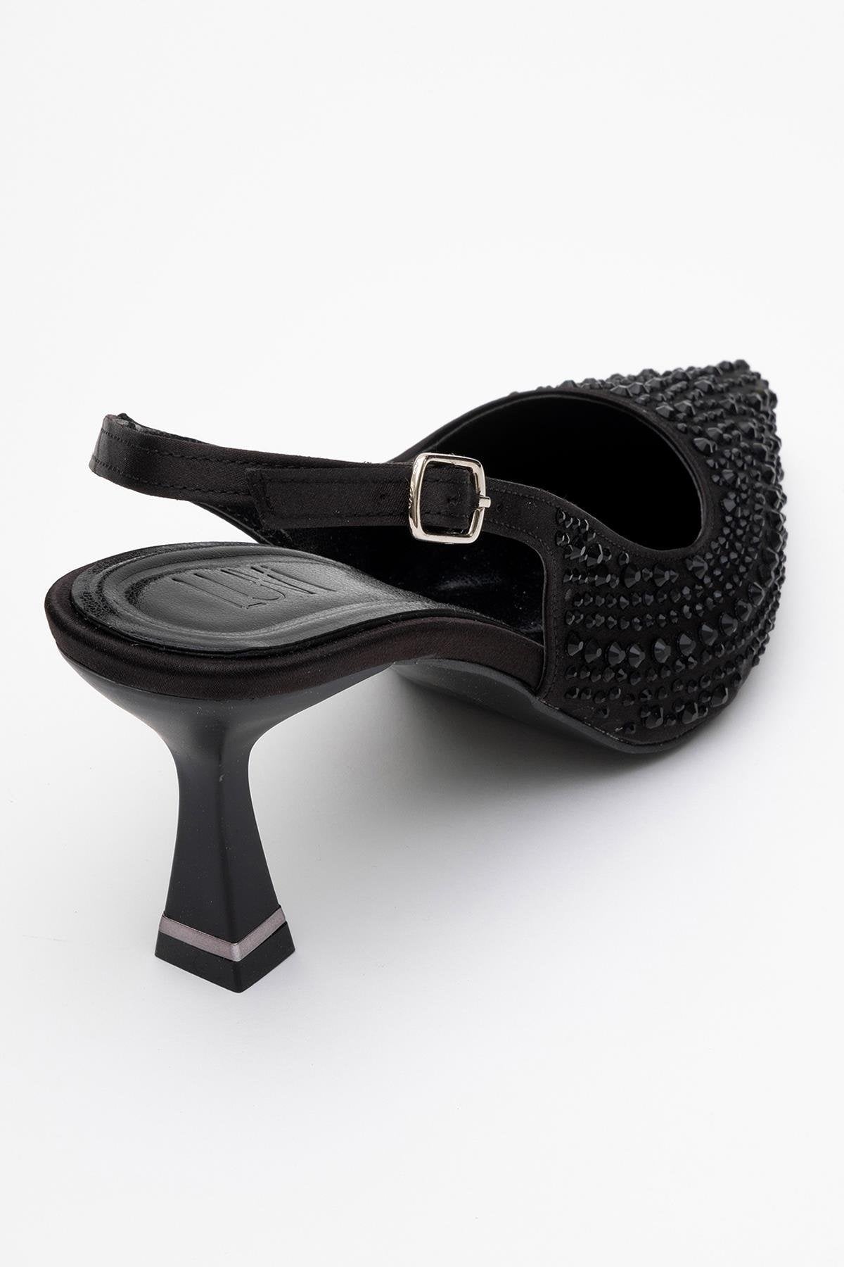 Juan - Black Satin Embellished Evening Shoe – back view showing satin, leather, black, Vowalisse