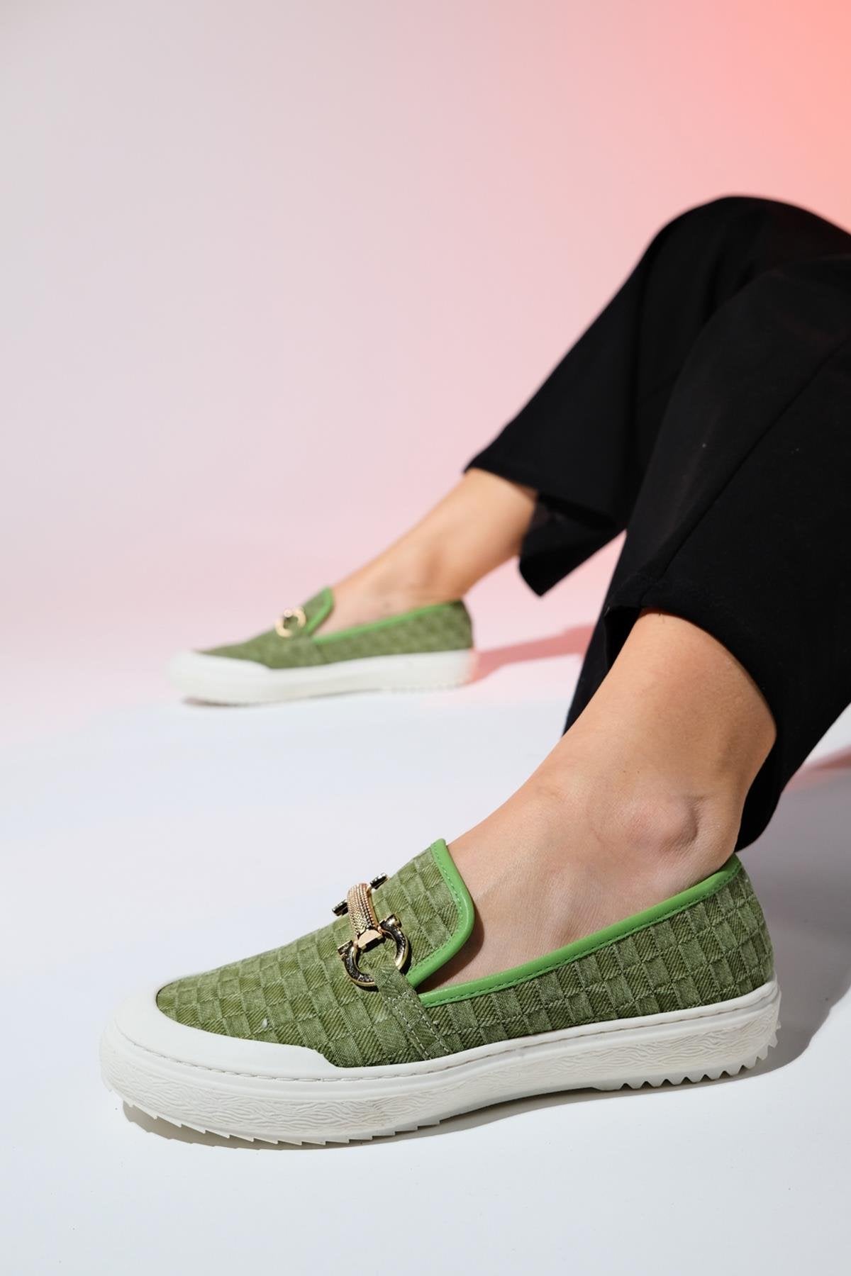 Marakesh - Green Denim Buckle Loafer – side view showing leather, green, Vowalisse