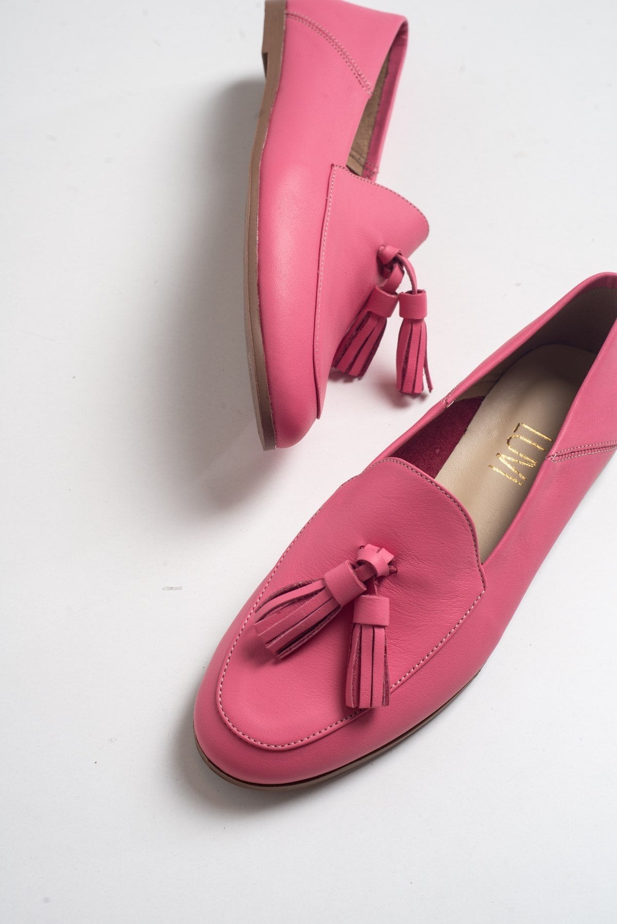 Mona - Pink Soft Leather Tassel Loafers – front three-quarter view showing leather, suede, pink, Vowalisse