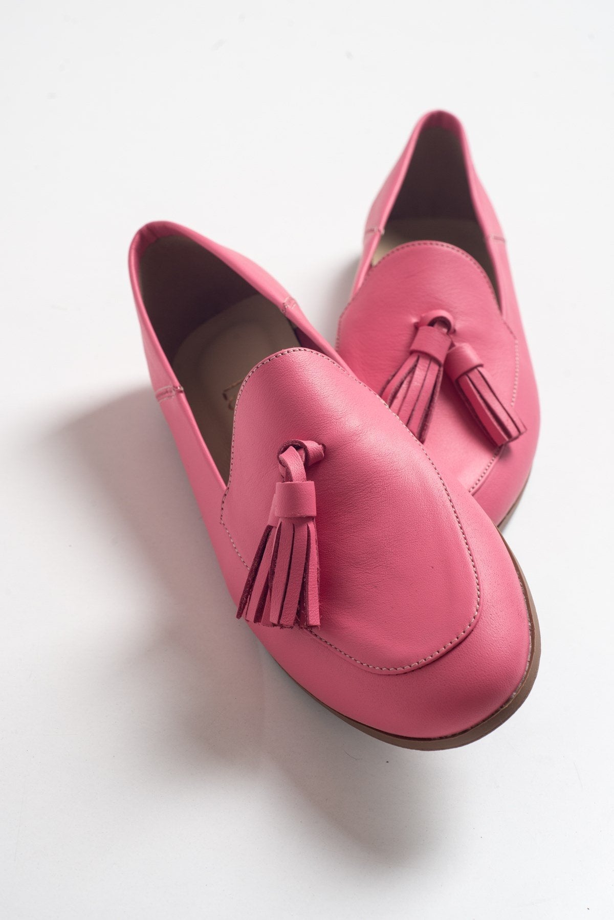 Mona - Pink Soft Leather Tassel Loafers – side view showing leather, suede, pink, Vowalisse