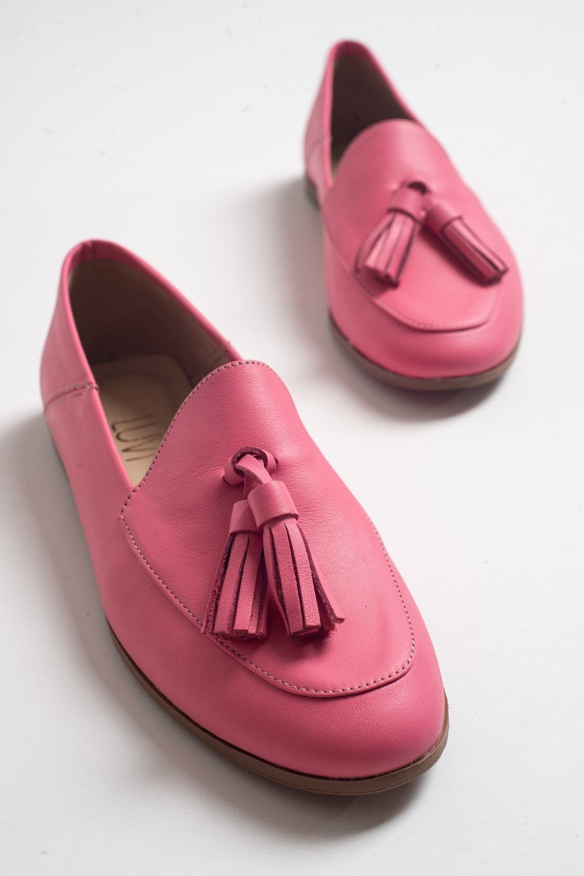 Mona - Pink Soft Leather Tassel Loafers – heel view showing leather, suede, pink, Vowalisse