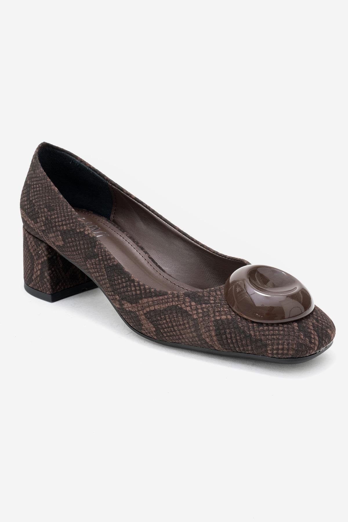 MILA - Brown Buckled Square Toe Block Heel Pump – detail view showing leather, Vowalisse