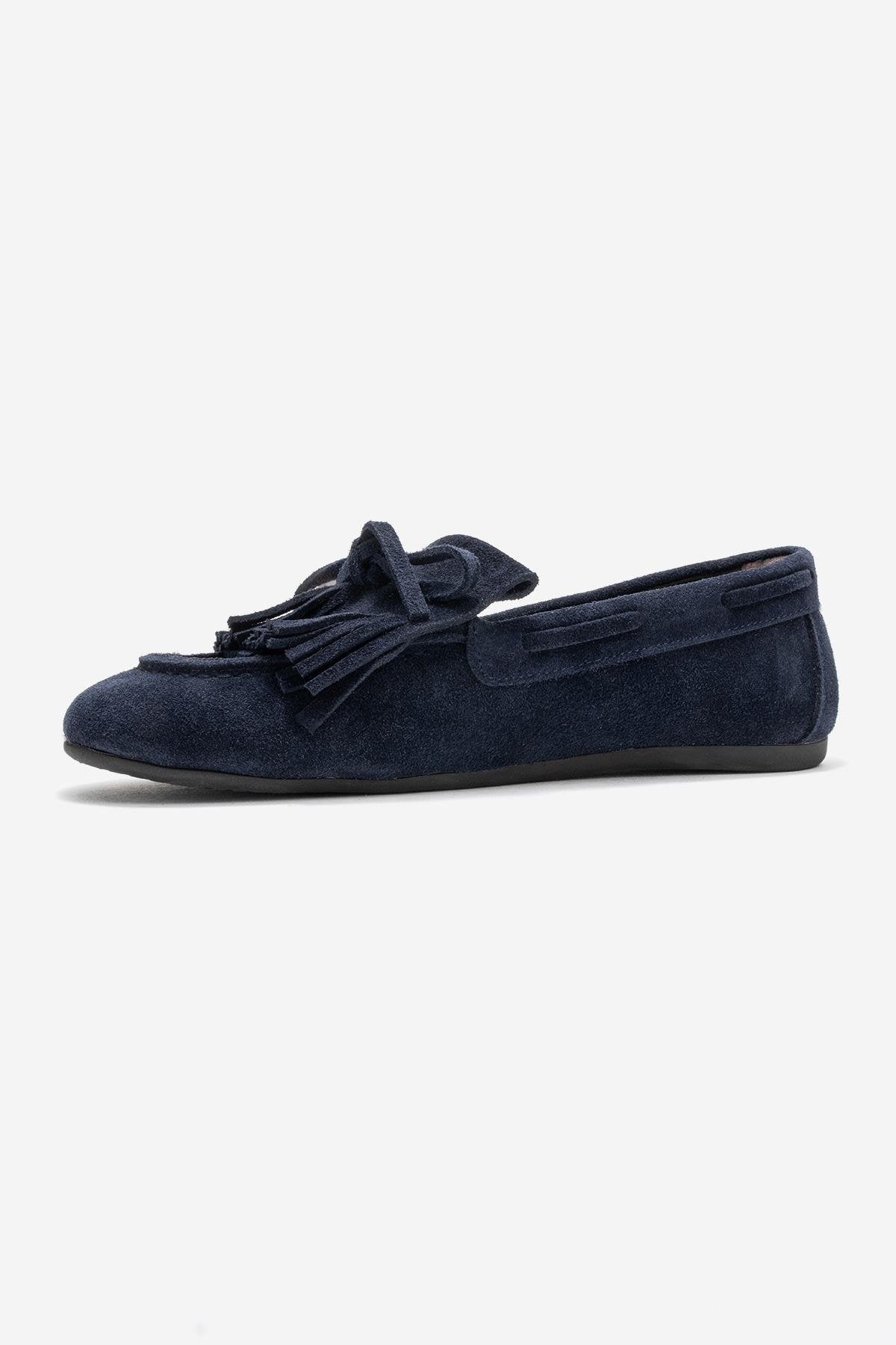 AXELI - Navy Suede Genuine Leather Loafer – detail view showing bow, leather, suede, Vowalisse