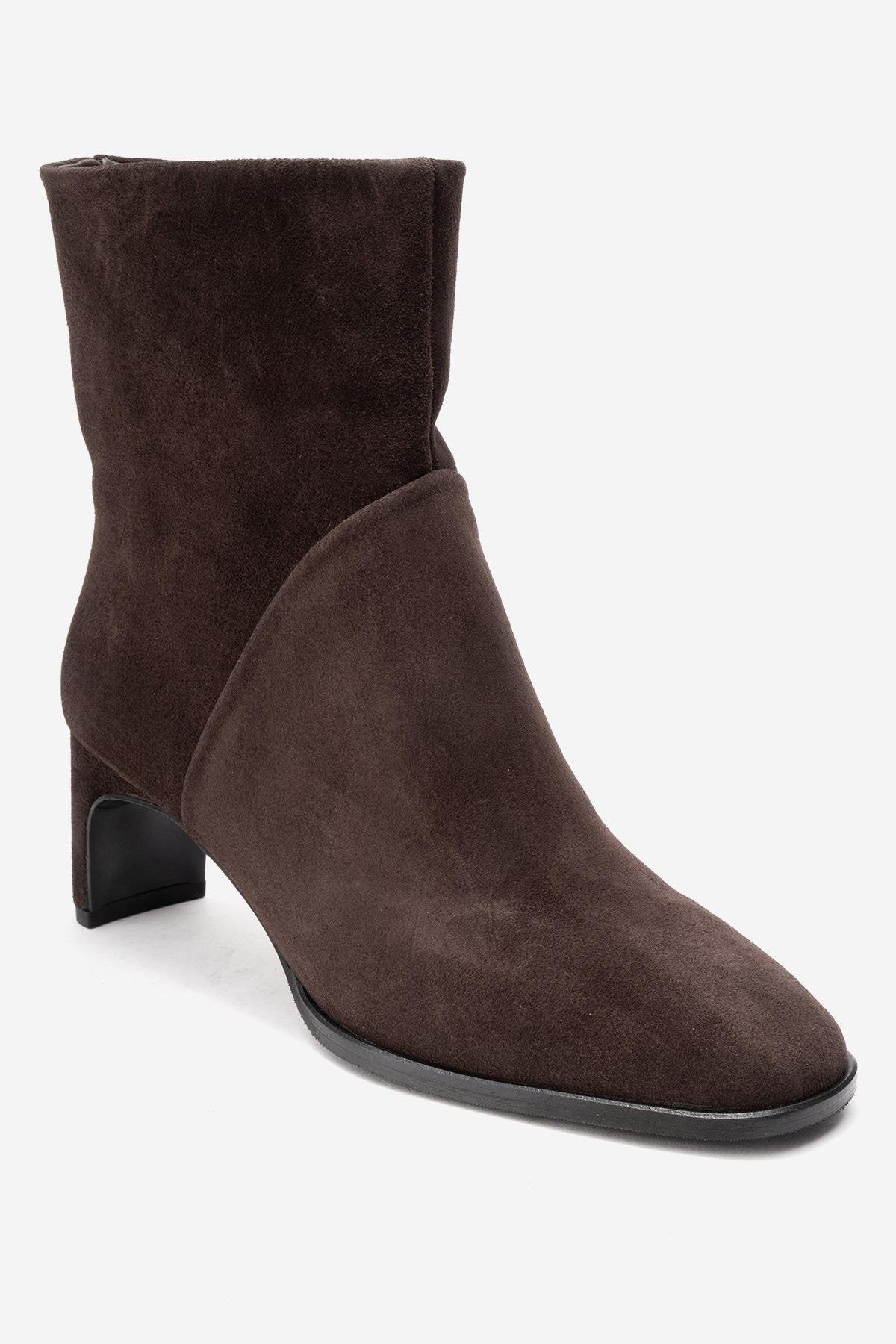 NORDY - Brown Genuine Leather Block Heel Boot – detail view showing leather, suede, Vowalisse