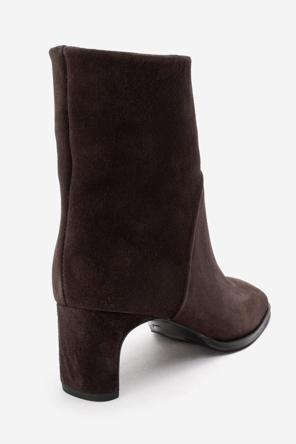 NORDY - Brown Genuine Leather Block Heel Boot – back view showing leather, suede, Vowalisse