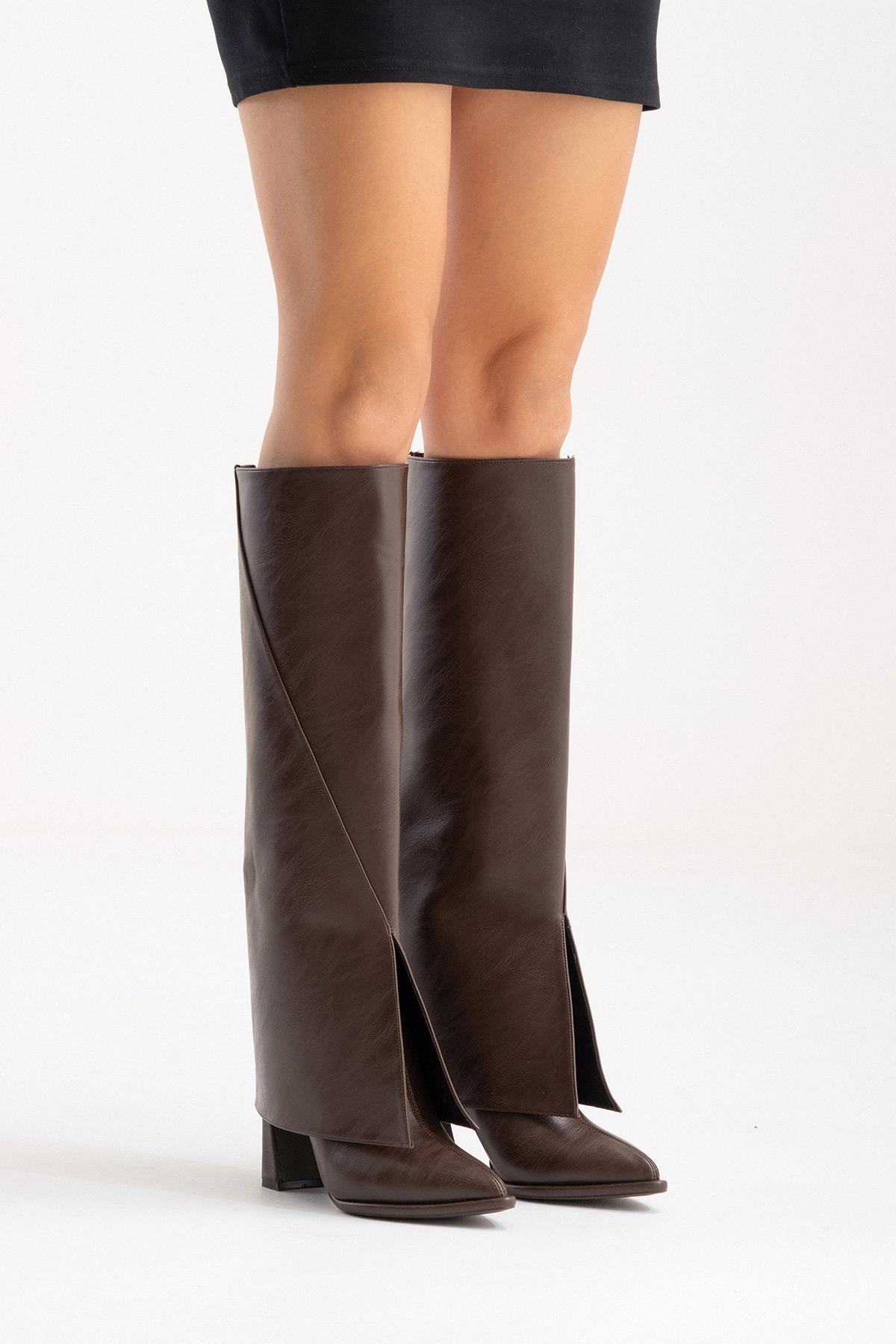 AJA - Brown Block Heel Boot – side view showing leather, Vowalisse