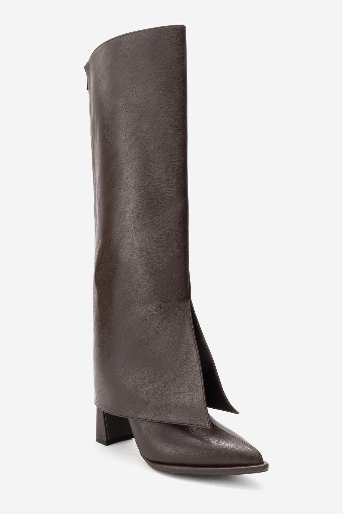 AJA - Brown Block Heel Boot – sole view showing leather, Vowalisse