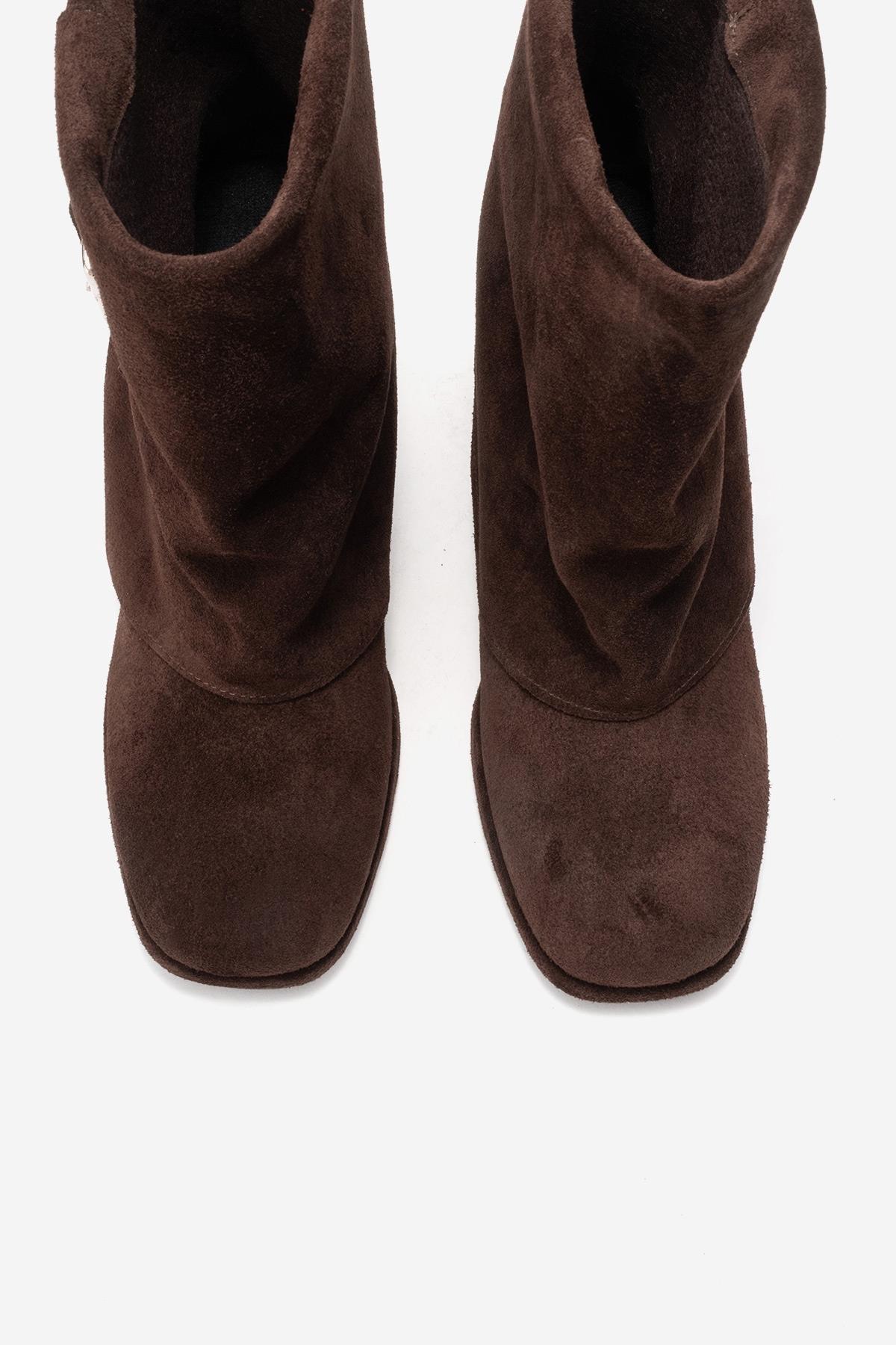 LORE - Brown Genuine Leather Block Heel Boot – side view showing leather, suede, Vowalisse