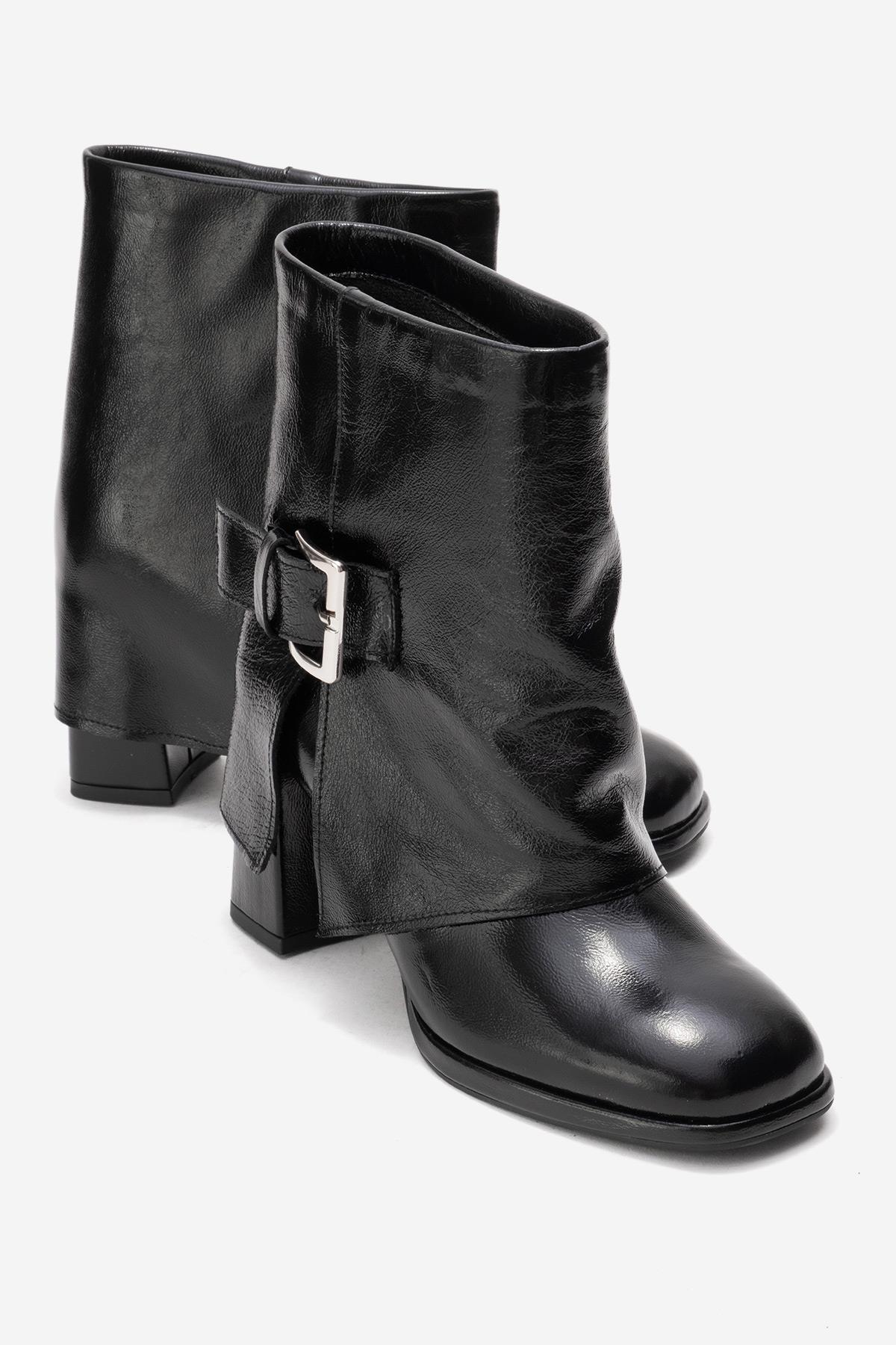 LORE - Black Genuine Leather Block Heel Boot – front three-quarter view showing leather, black, Vowalisse