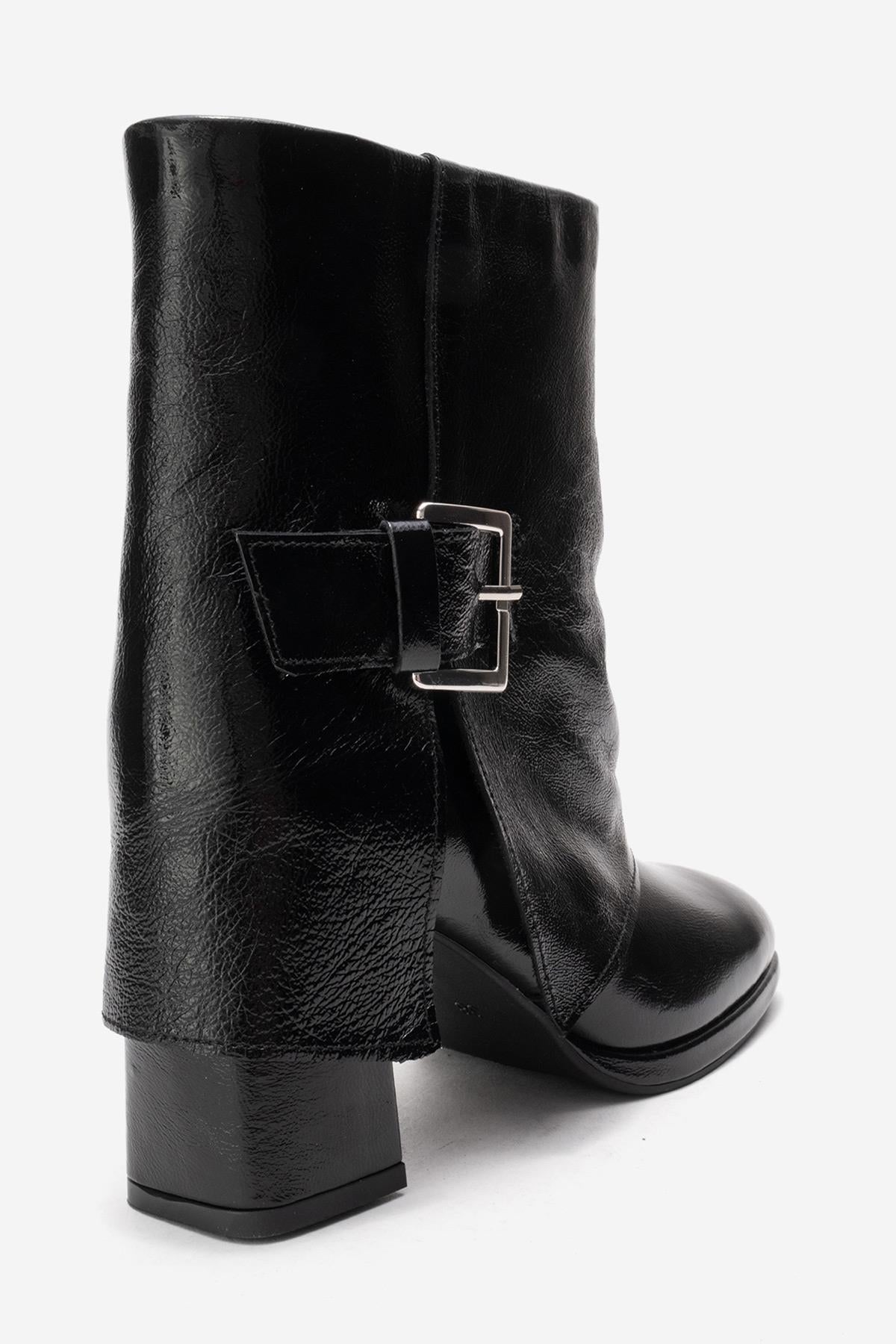 LORE - Black Genuine Leather Block Heel Boot – back view showing leather, black, Vowalisse