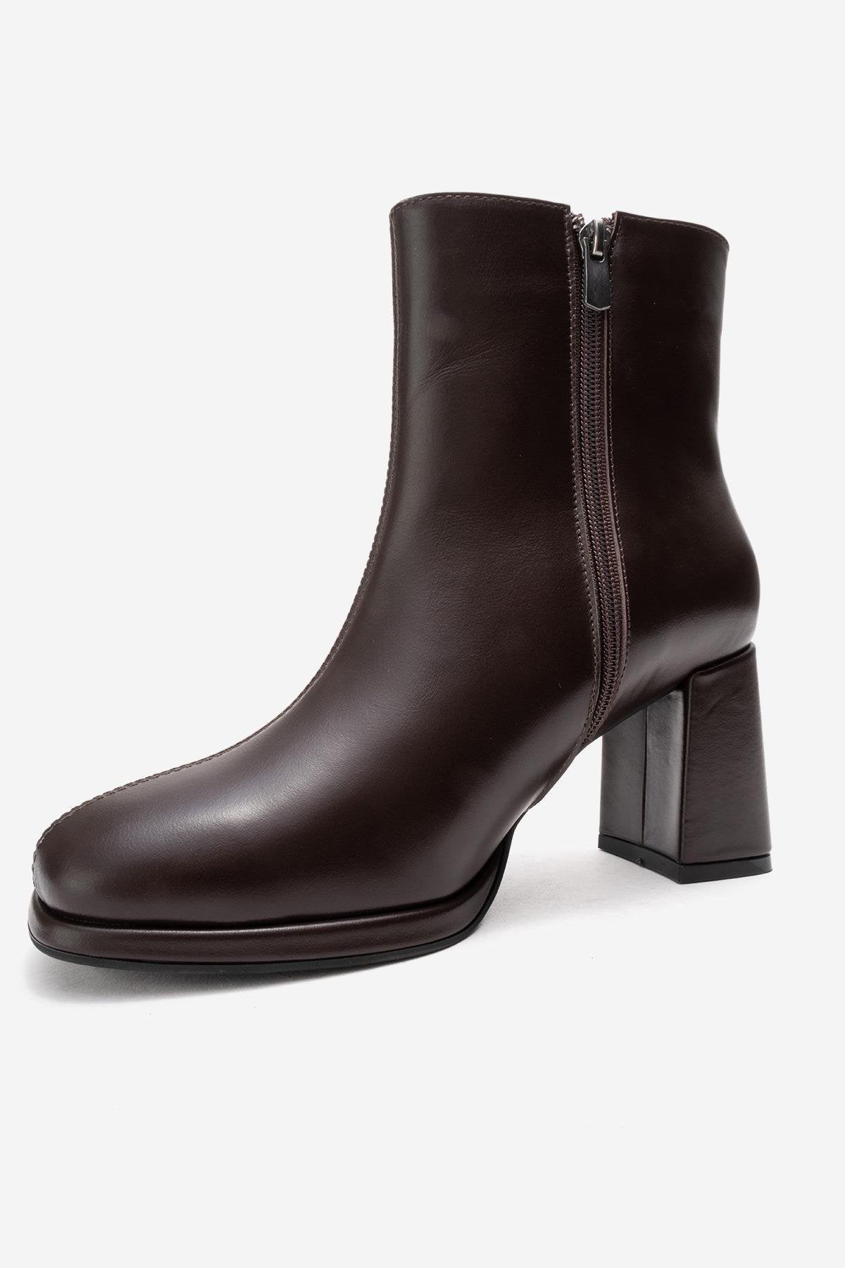 NAPOLI - Brown Genuine Leather Block Heel Boot – heel view showing leather, Vowalisse