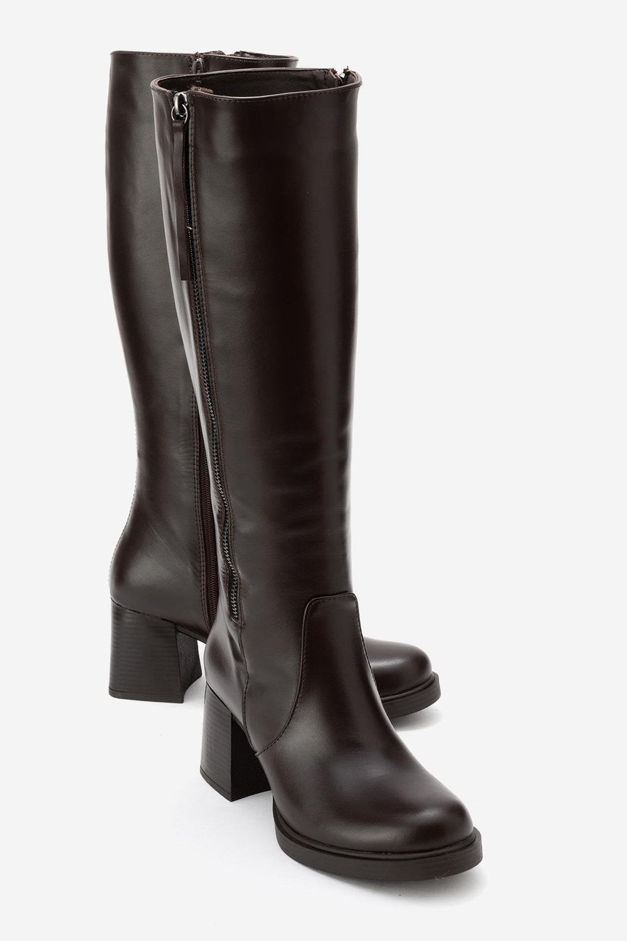 LENSA - Brown Genuine Leather Block Heel Knee-High Boot
