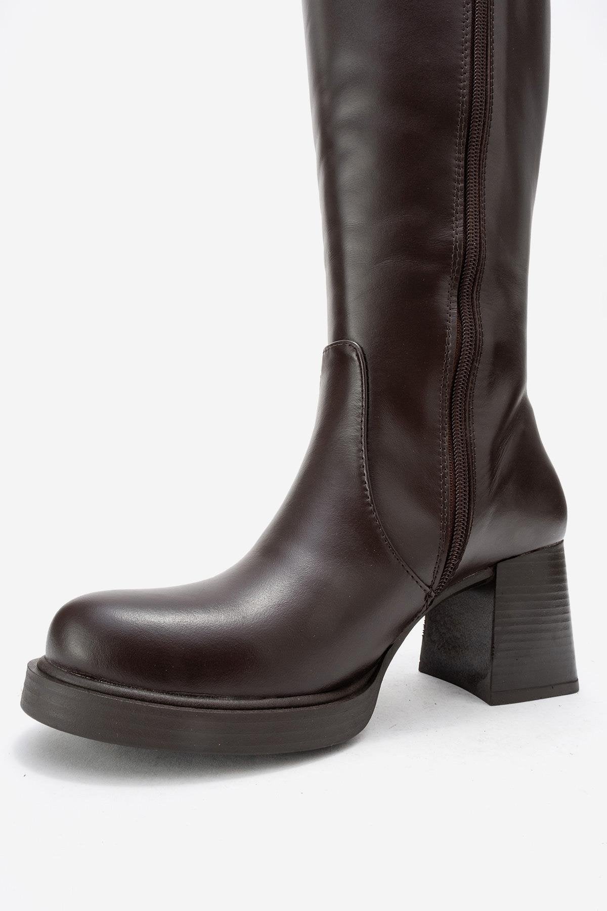LENSA - Brown Genuine Leather Block Heel Knee-High Boot – heel view showing leather, Vowalisse